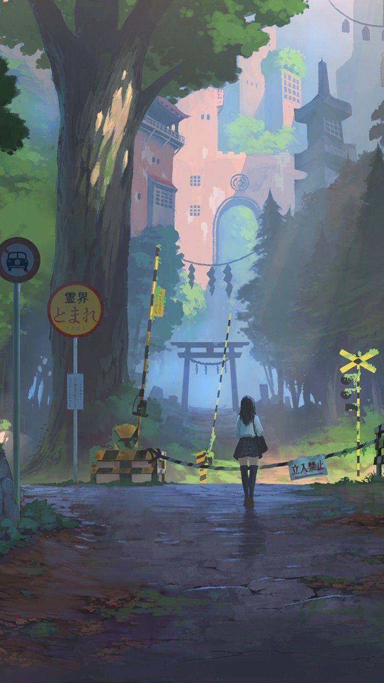 Download 750x1334 Anime Girl, Scenic, Nature, Fantasy World