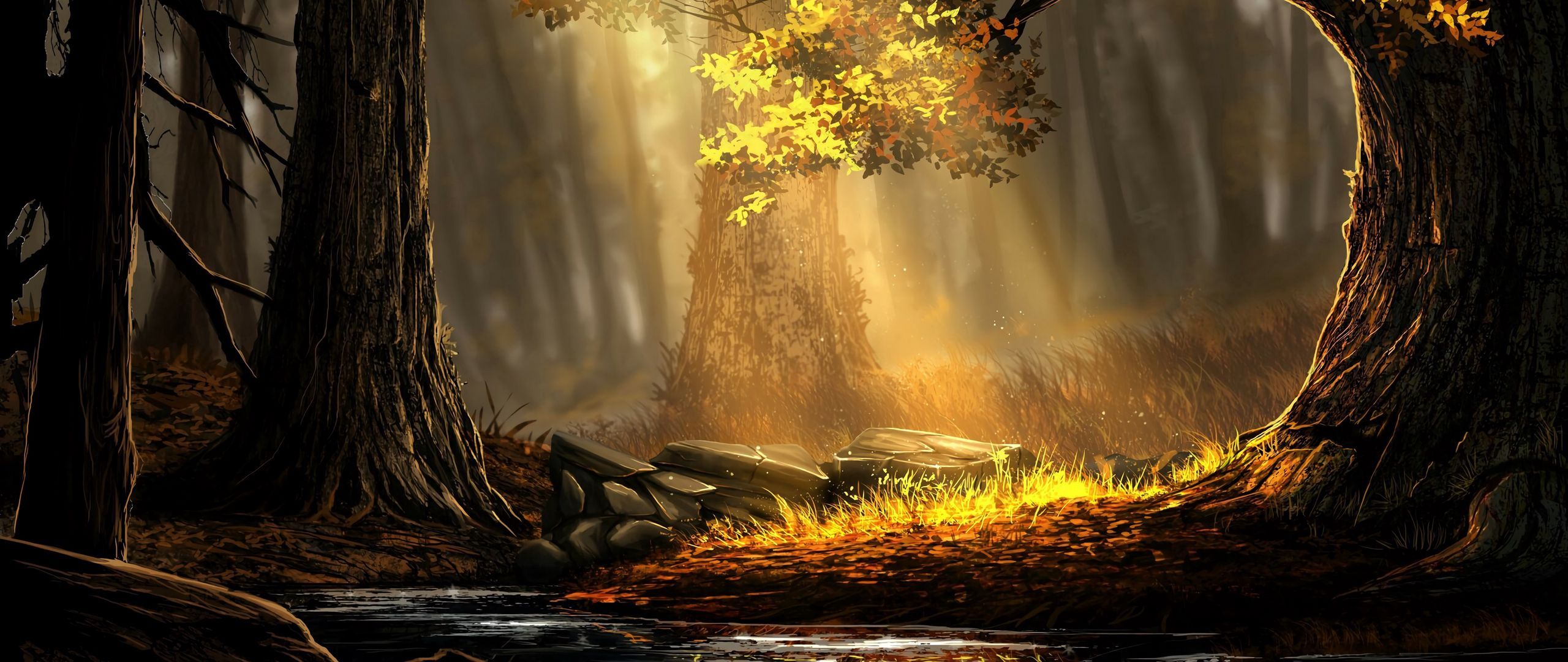 Download wallpaper 2560x1080 forest, river, trees, sunlight, art