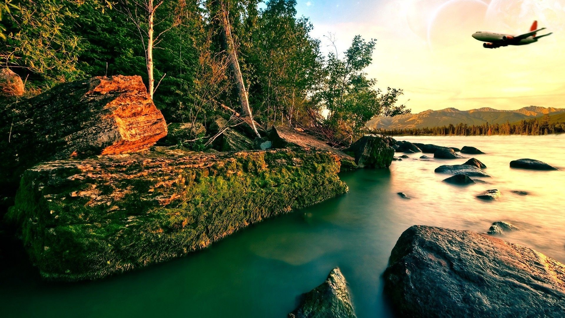 misc airplane breaking silence nature forest river rocks shore
