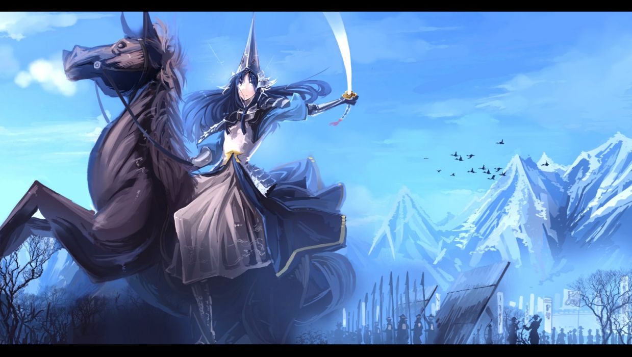 Animal bird blue hair bow (weapon) clouds horse katana long hair