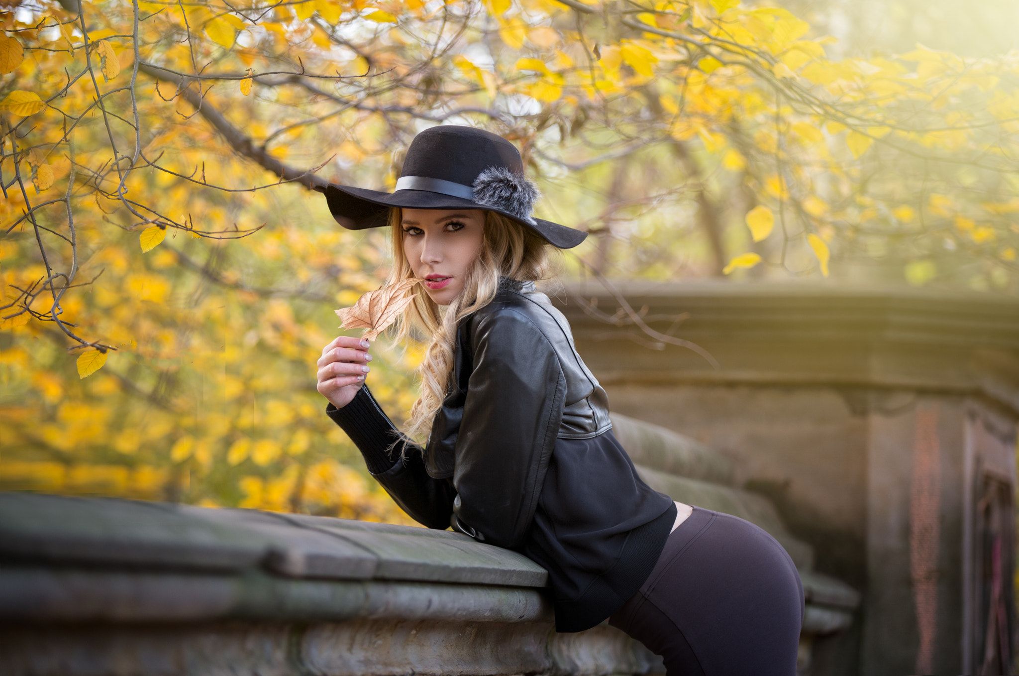 #portrait, #leaves, #yoga pants, #leather jackets, #black