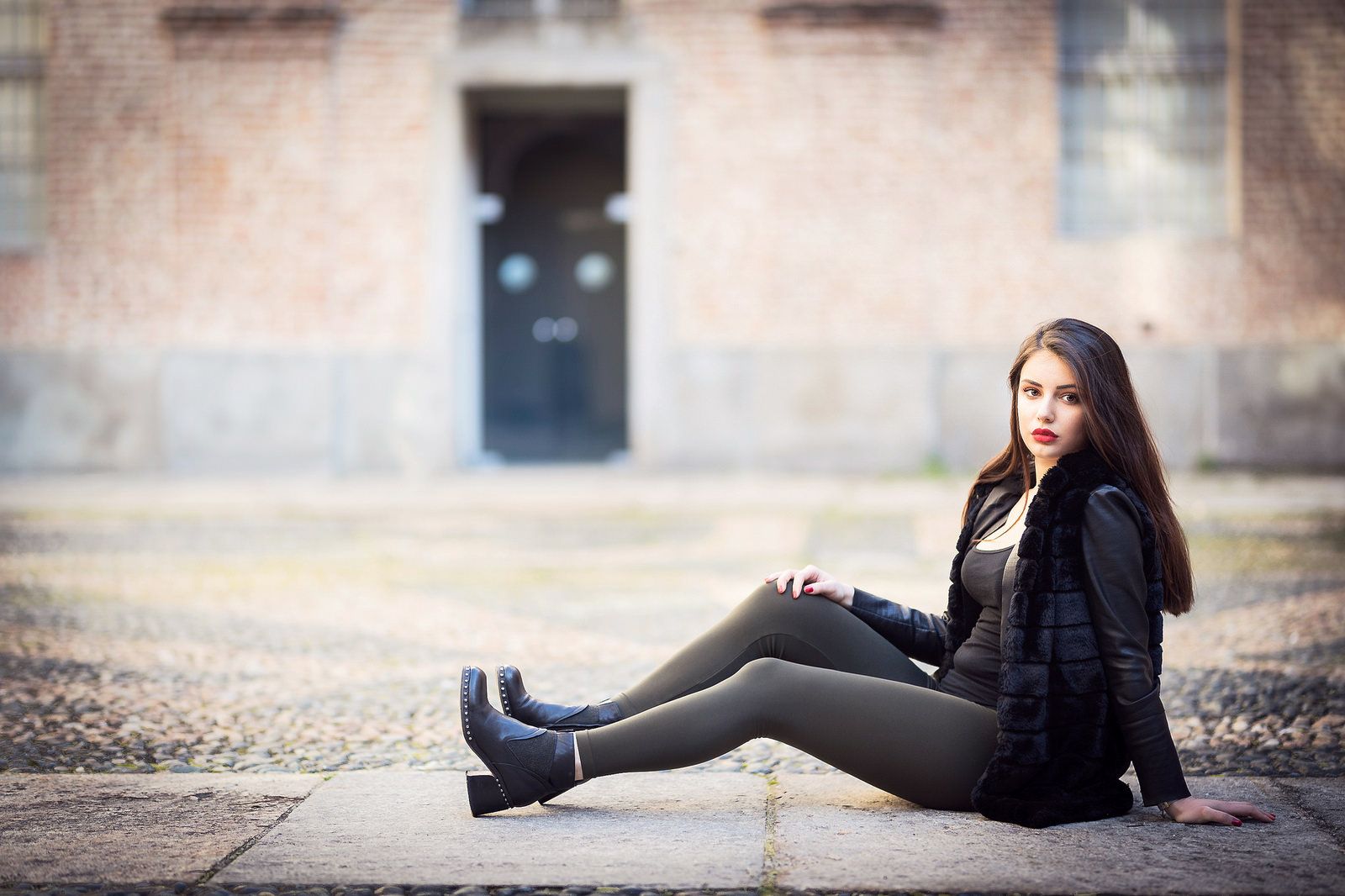 #women, #yoga pants, #red nails, #sitting, #brunette, #red