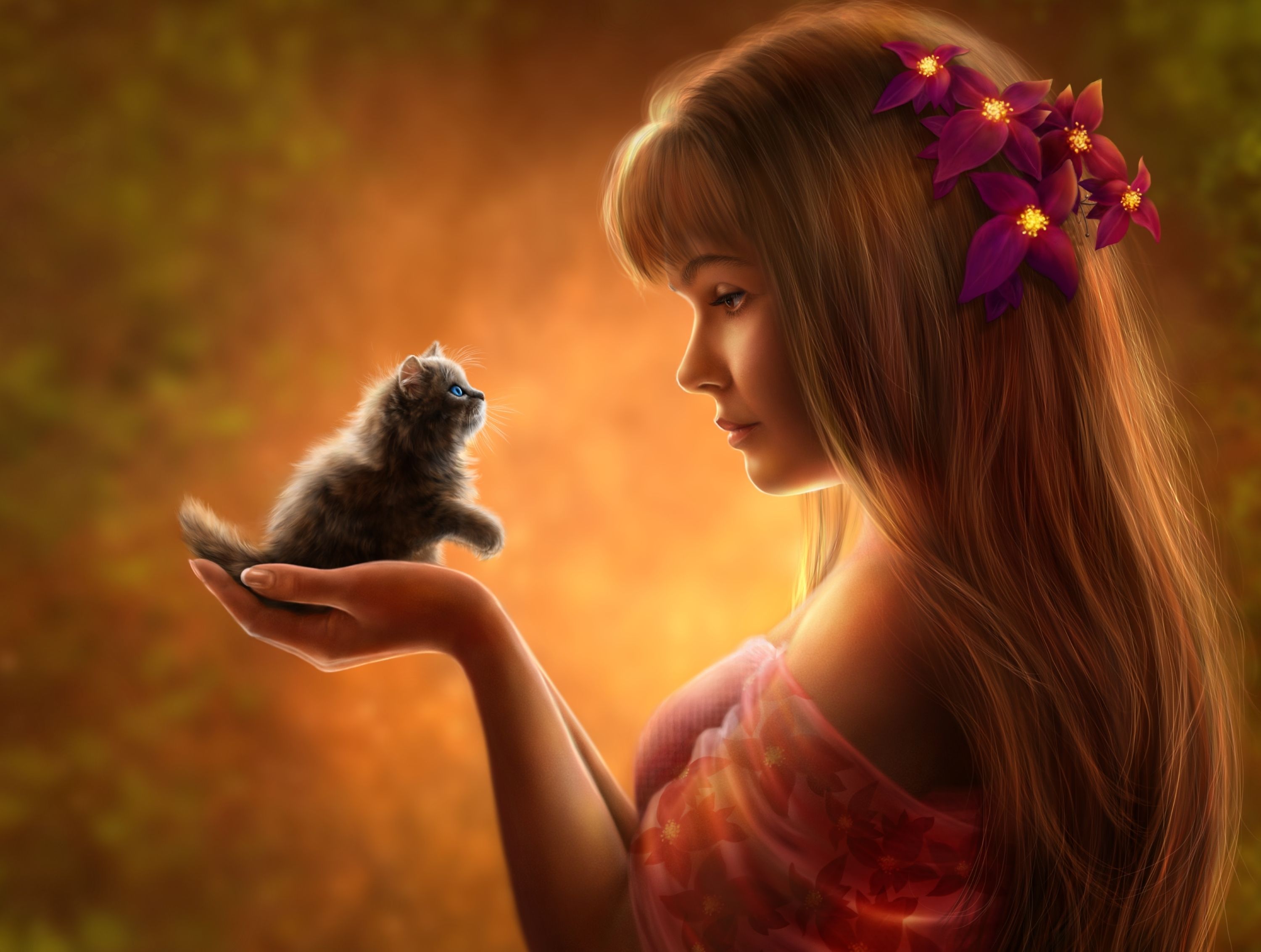 Wallpaper Fantasy girl, Cute kitten, HD, Cute,. Wallpaper