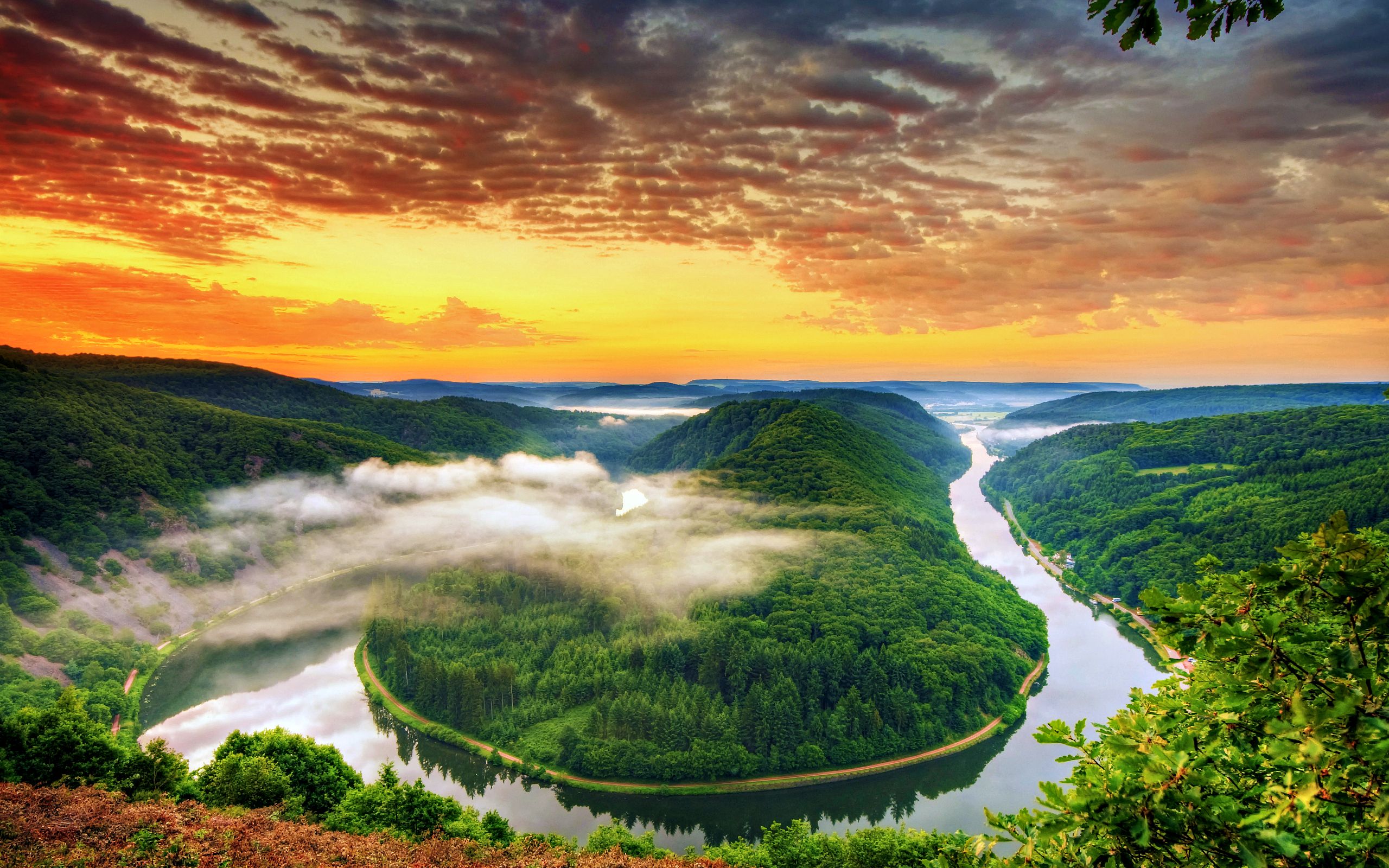 River sunset nature mountain landscape fog tree cloud HD wallpaper