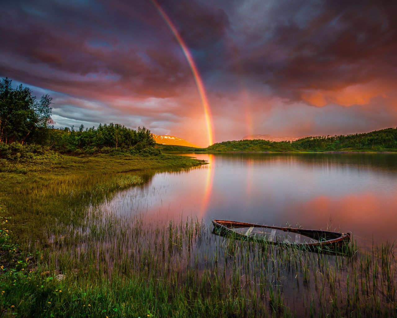 Sunset Rainbow After Rain Lake Boat Forest Trees Sky With Red