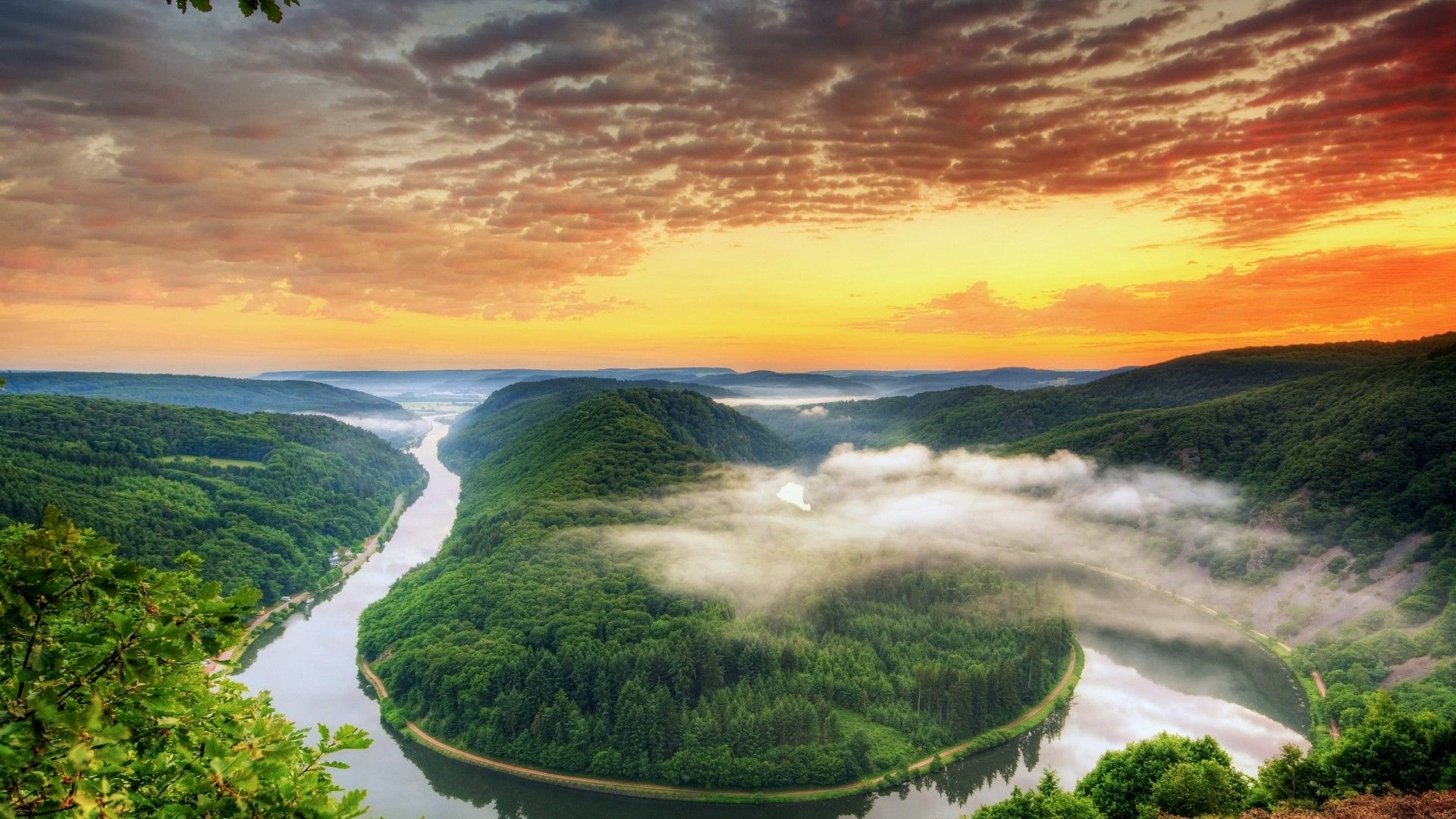 nature, Landscape, Clouds, Mist, Germany, Sunset, River, Trees