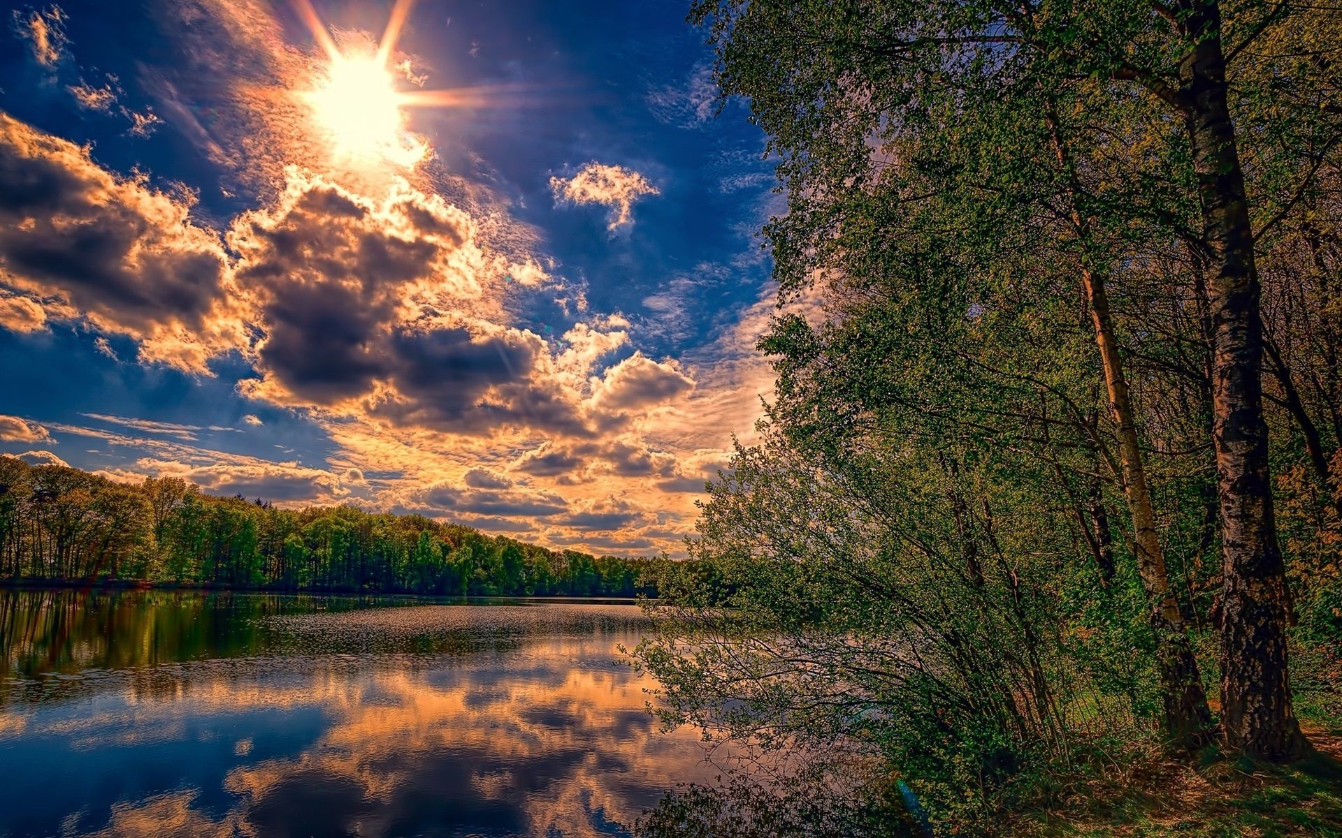 Wallpaper Summer, trees, river, clouds, sun 1920x1200 HD Picture