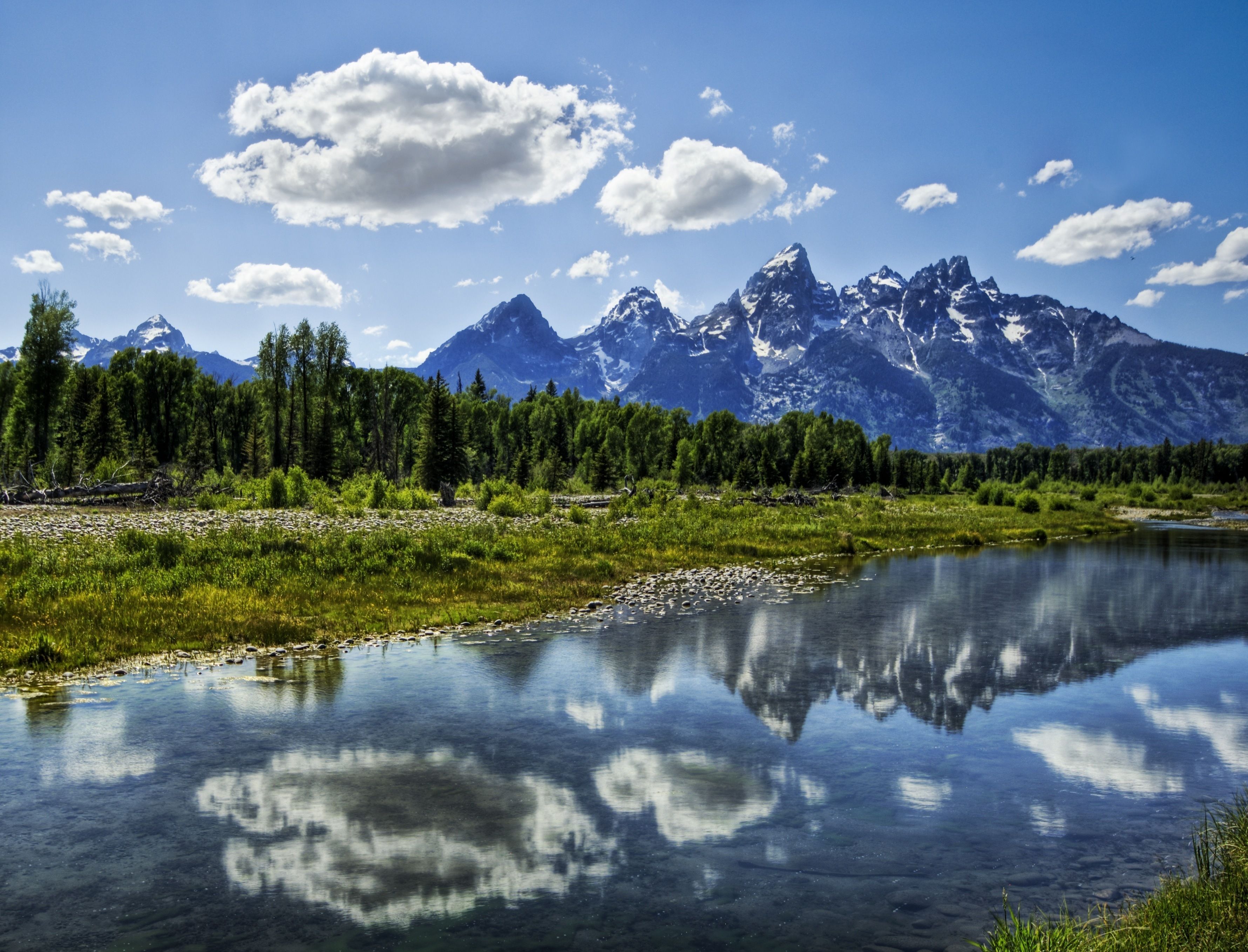 Download wallpaper 3560x2717 river, clouds, reflection, mountains