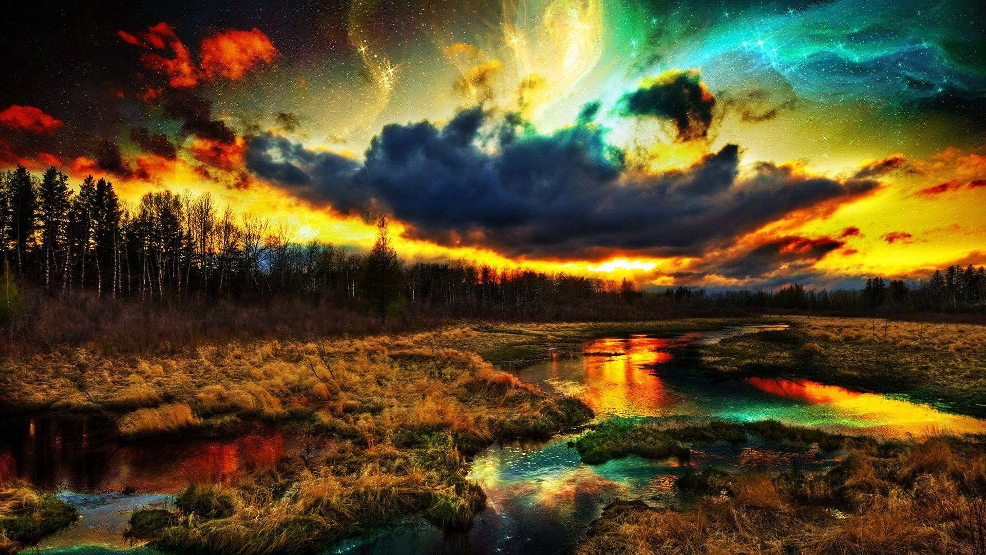 Wallpaper Beautiful nature landscape, grass, trees, river, clouds