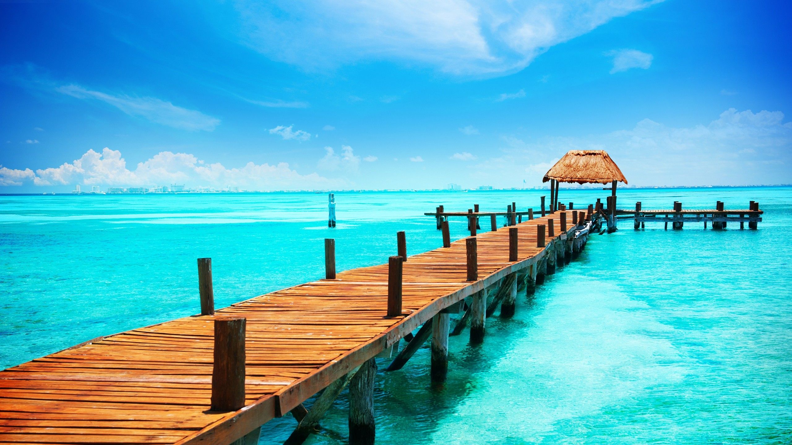 Wallpaper Ocean, Pier, Dock, Wooden, Sunny day, Blue sky, HD