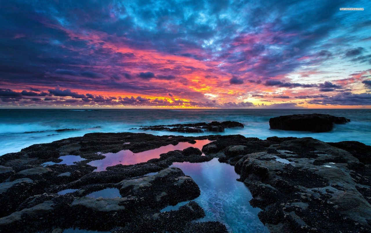 Originalwide Ocean Black Rocks & Pink Sky Wallpaper Landscape Wallpaper & Background Download