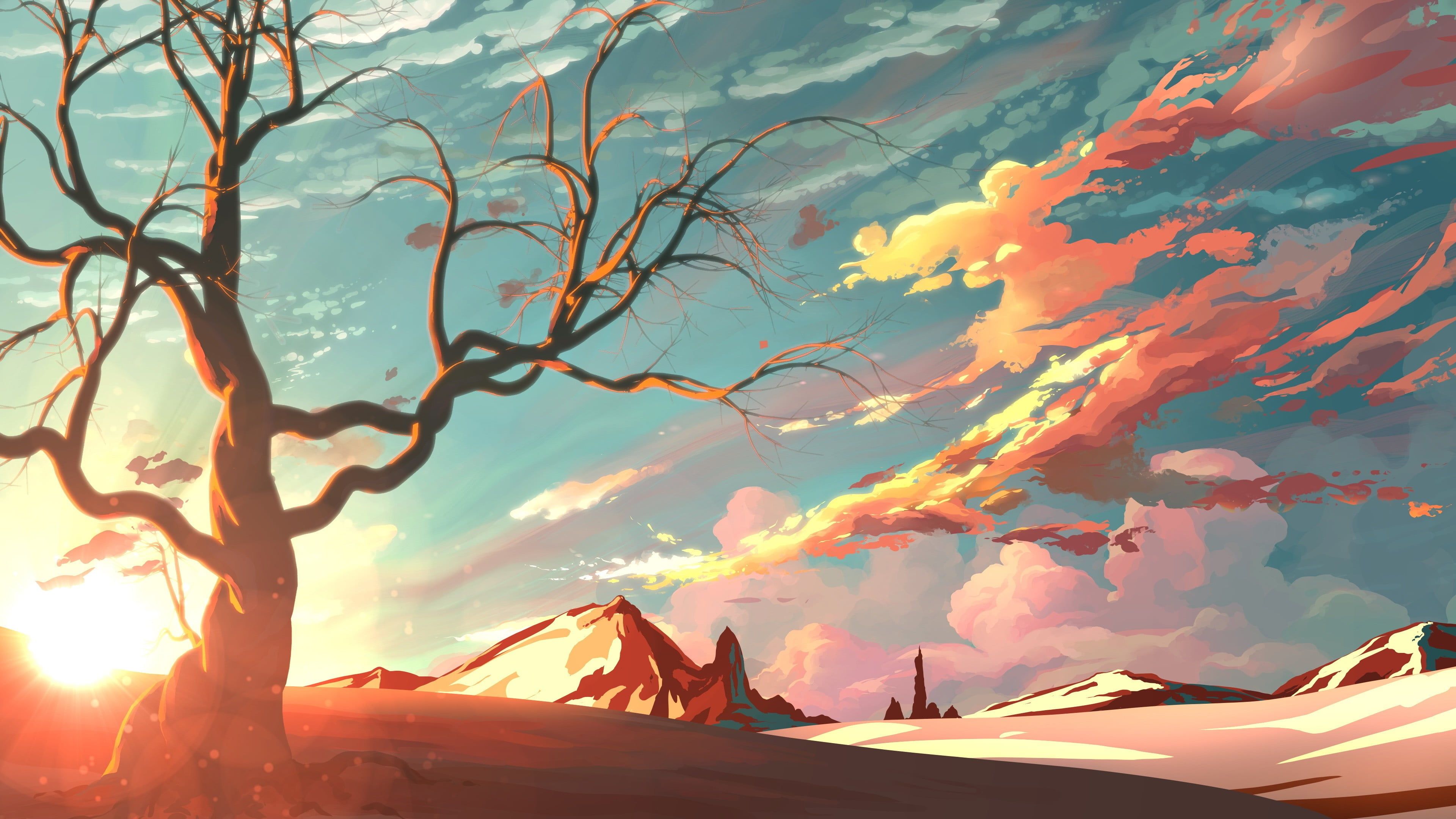 bare tree and desert wallpaper, bald tree under blue sky illustration #artwork #landscape #sky #mountai. Scenery wallpaper, Anime scenery, Anime scenery wallpaper