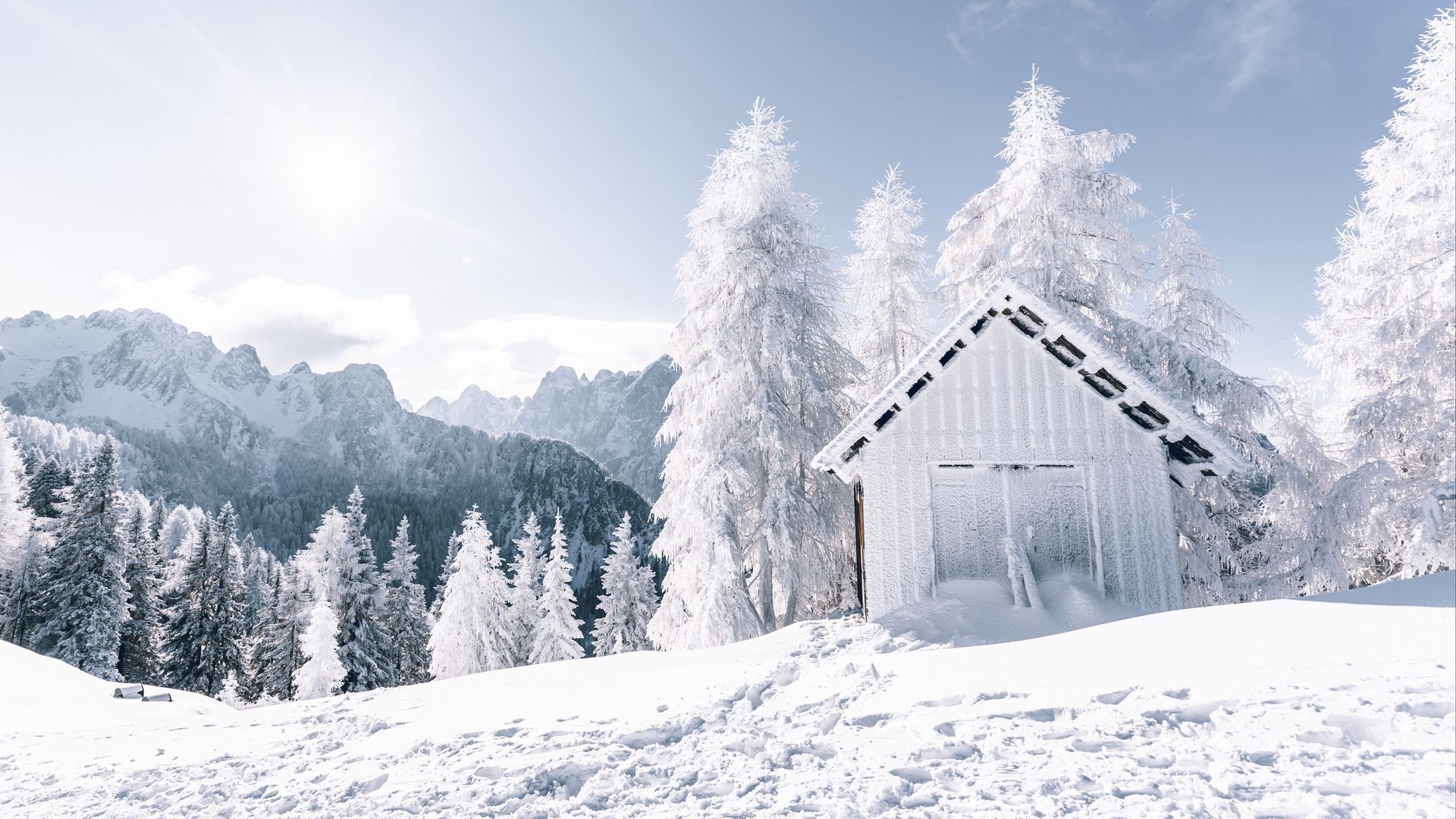 Download wallpaper 1920x1080 mountains, snow, winter, building