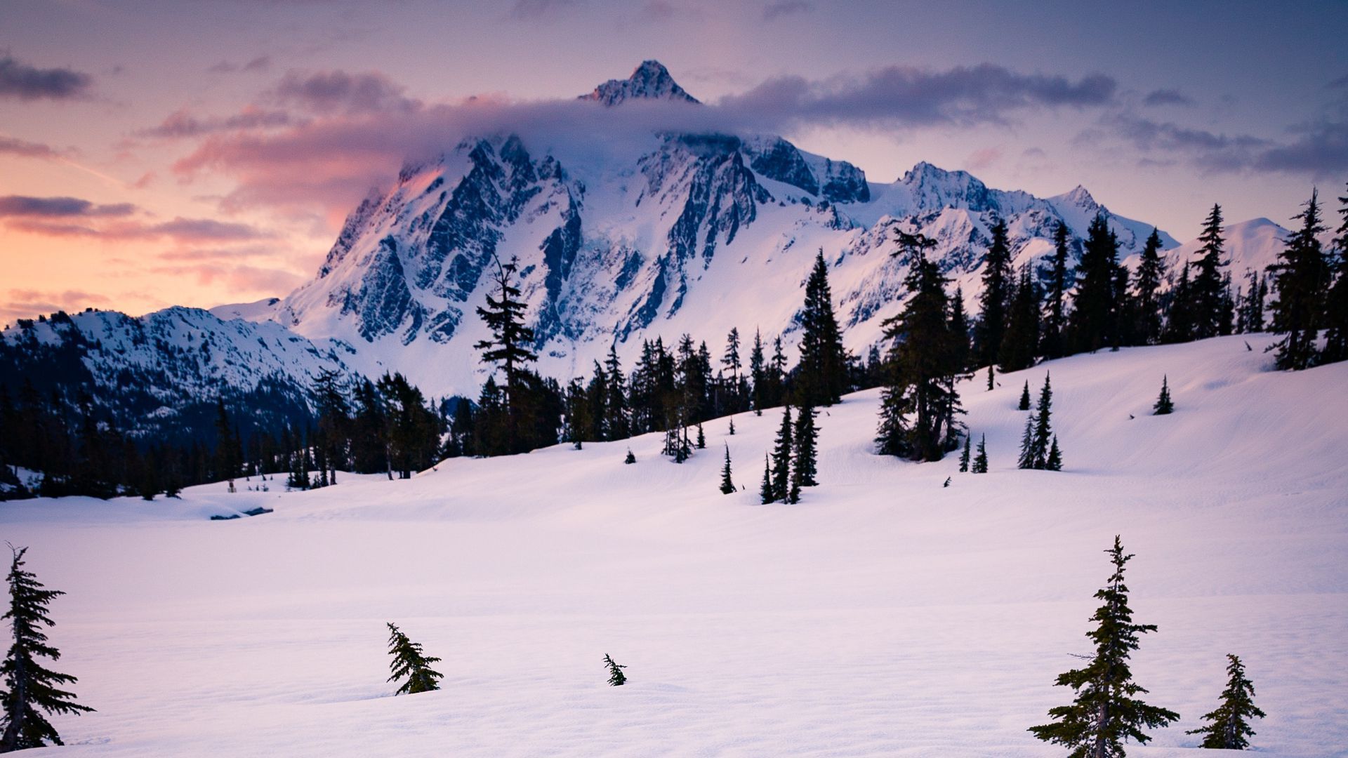 Download wallpaper 1920x1080 mountain, snow, trees, clouds, winter