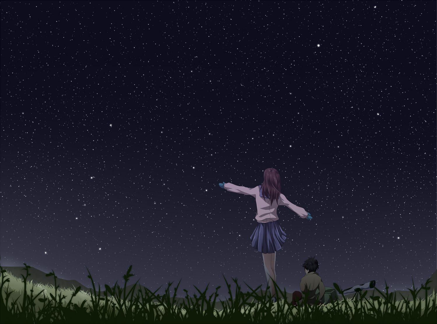 7ban gloves grass landscape night original scenic skirt sky stars