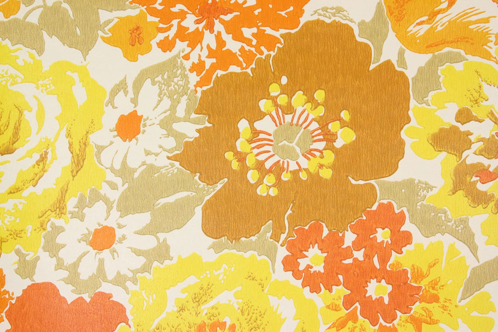 1970s Vintage Wallpaper Retro Brown Orange and Yellow Flowers