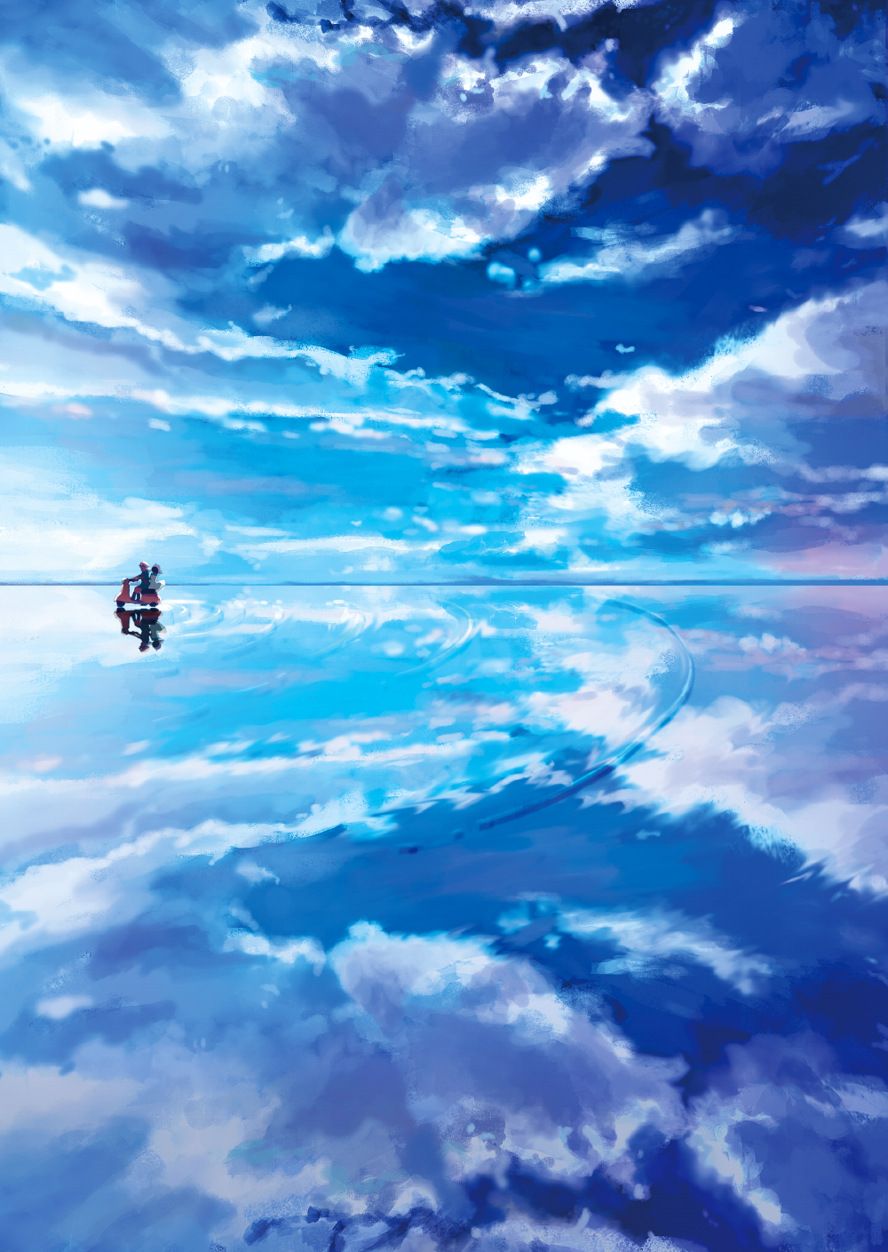 Anime Art, Blue Sky, Water, Reflection, Scooter, Boy Girl. Anime