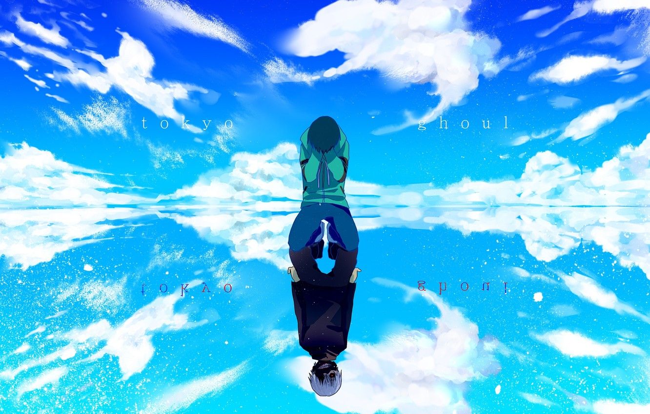 Wallpaper the sky, water, clouds, reflection, anime, art, guy