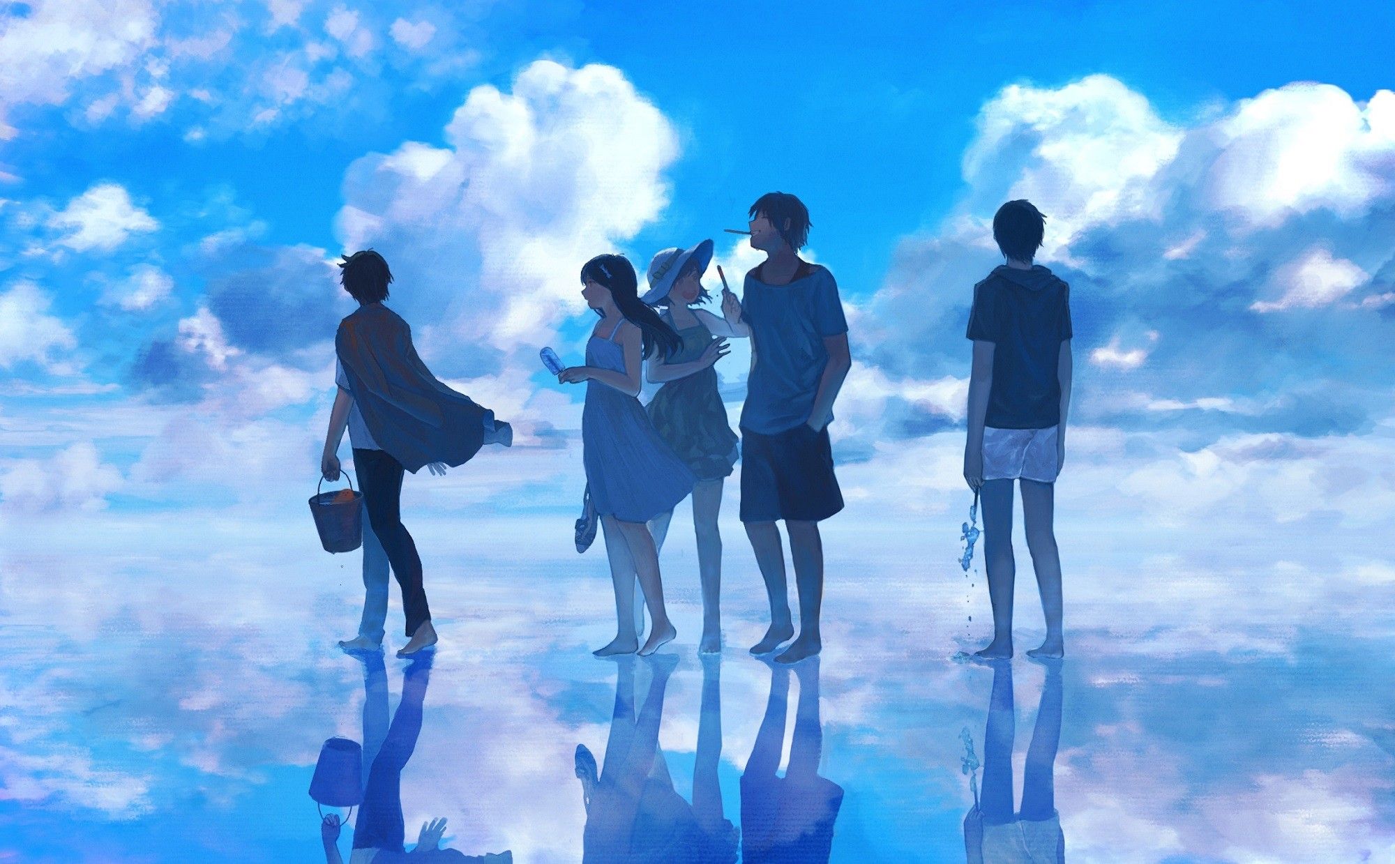 water, clouds, dress, summer, pocky, anime, anime boys, anime