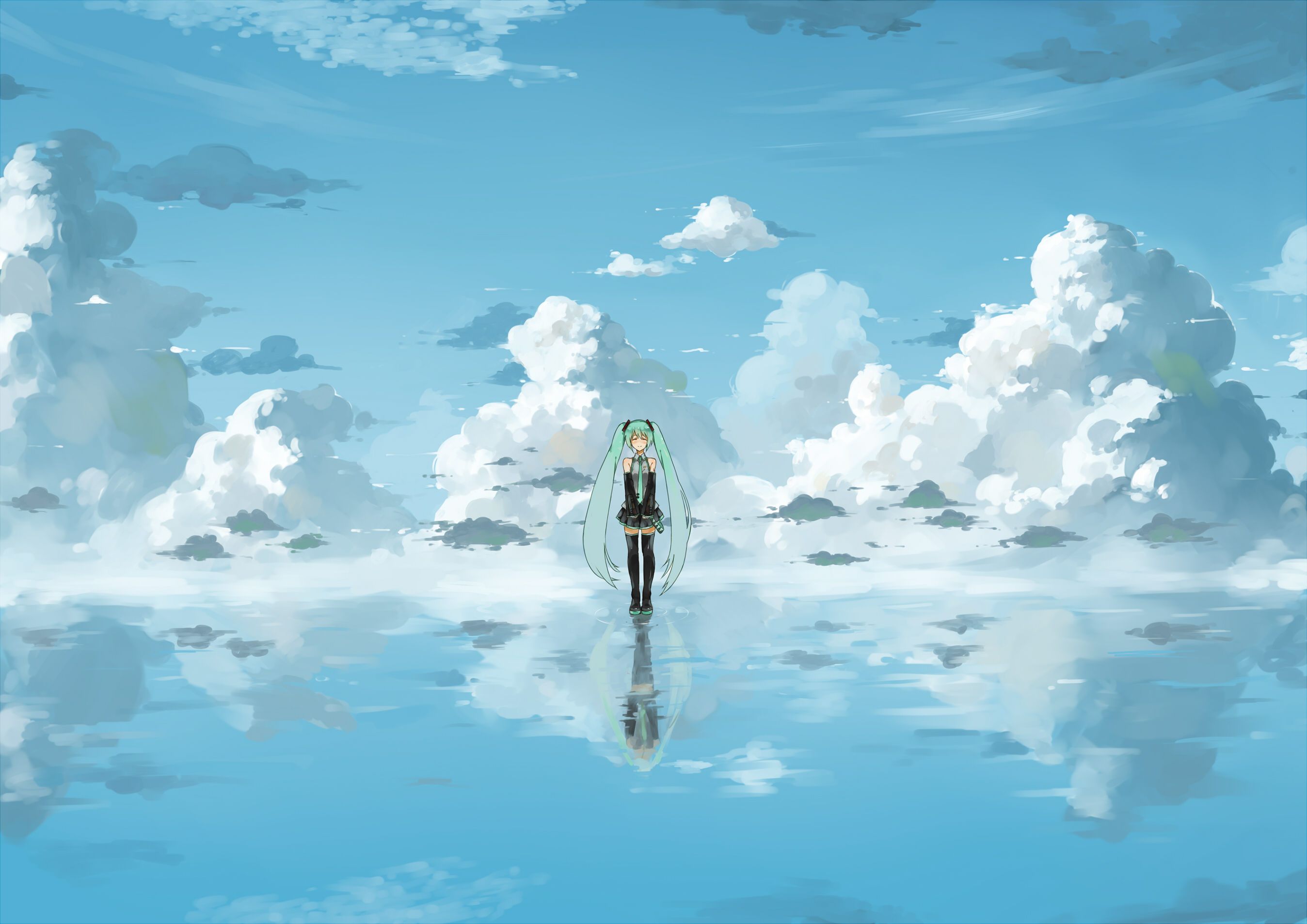 clouds, Hatsune, Miku, Popoccpo, Sky, Vocaloid, Water Wallpaper