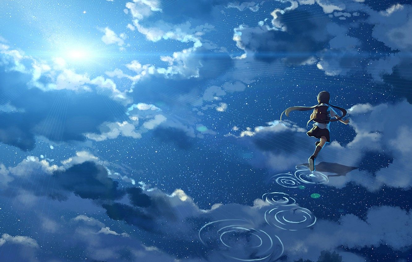 Wallpaper the sky, water, girl, the sun, clouds, reflection, anime, art, form, schoolgirl, hanyijie image for desktop, section сёдзё