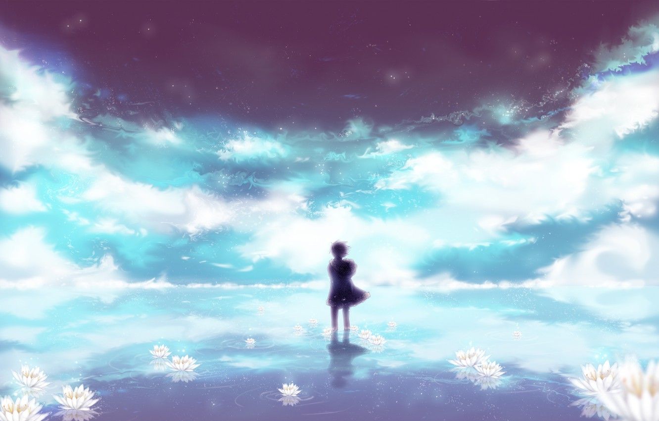 Wallpaper the sky, water, stars, clouds, flowers, reflection, the wind, Lily, shadow, anime, art, guy, uyre, orihara izaya, durarara! image for desktop, section сёнэн