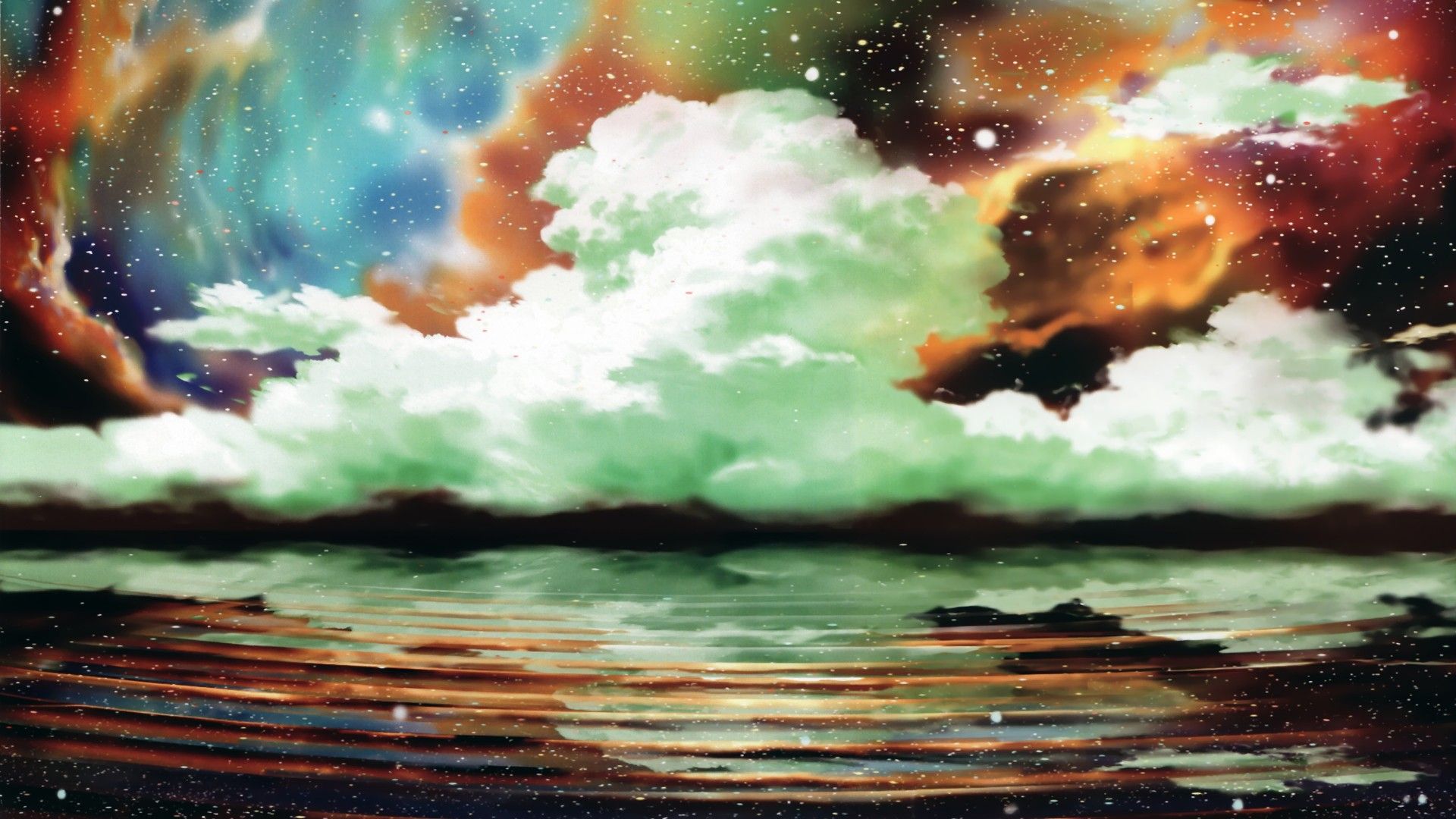 #anime, #sky, #water, #nature, #digital art, #clouds