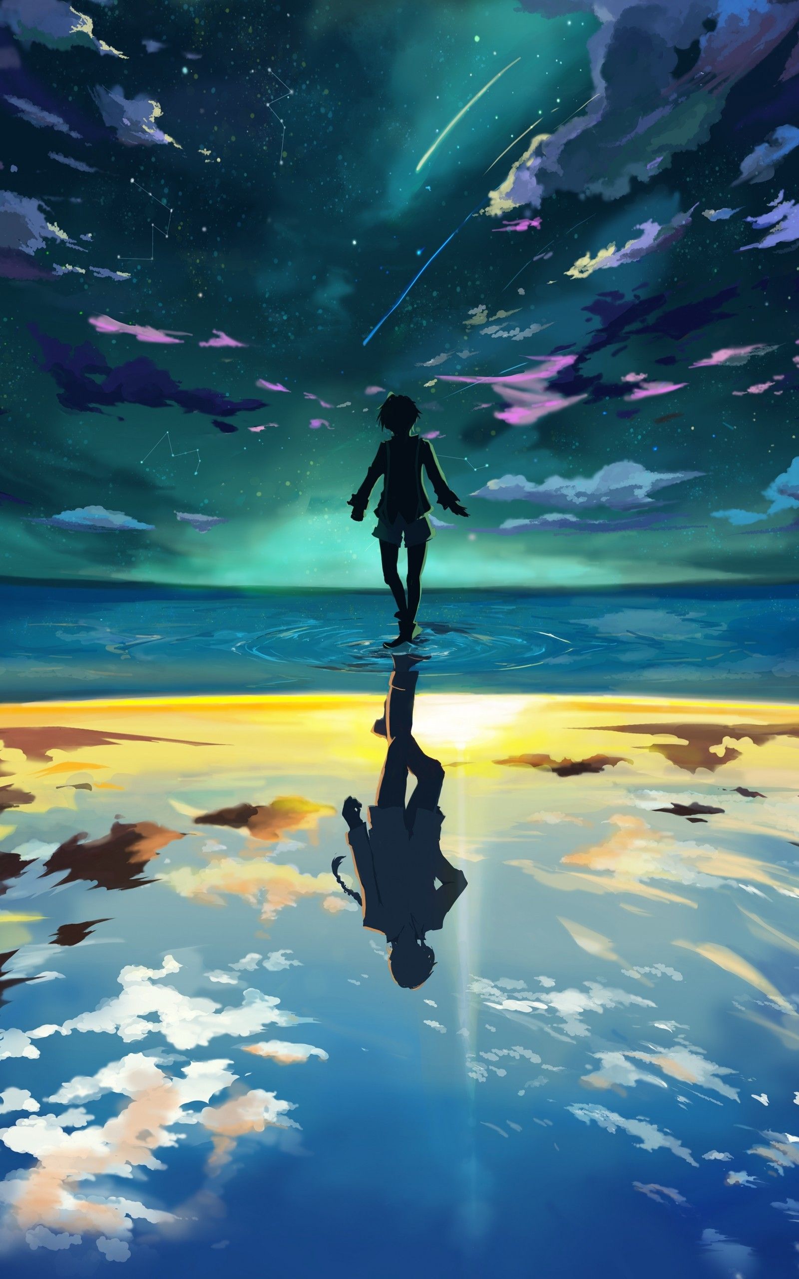 Download 1600x2560 Anime Boy, Floating, Reflection, Water, Clouds