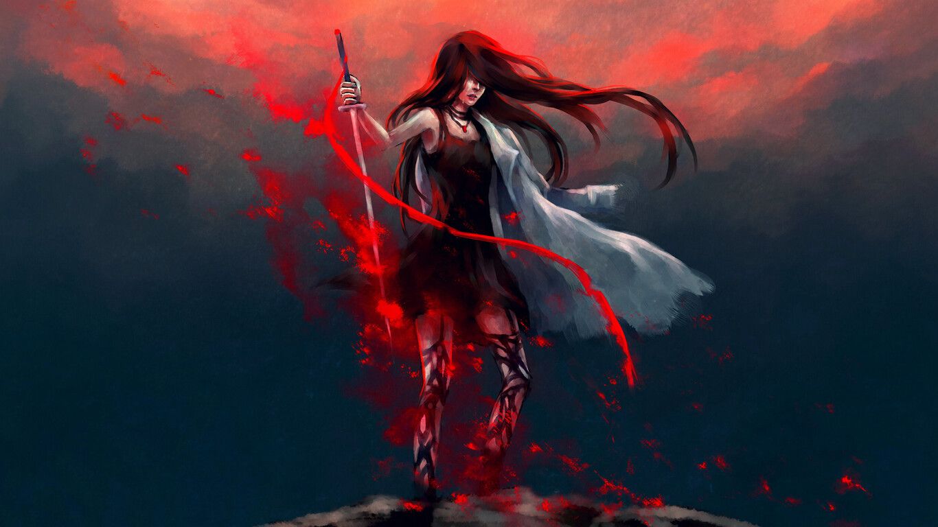 Anime Girl Katana Warrior With Sword 1366x768 Resolution