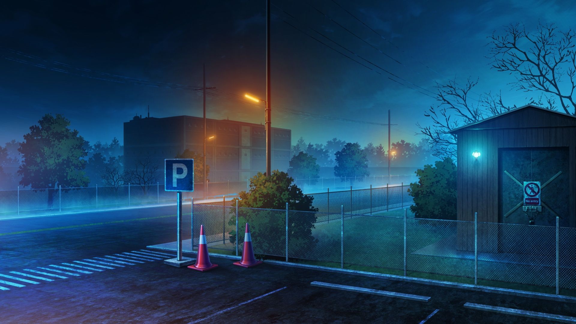 Download 1920x1080 Anime Streets, Night, Fence Wallpaper for Widescreen