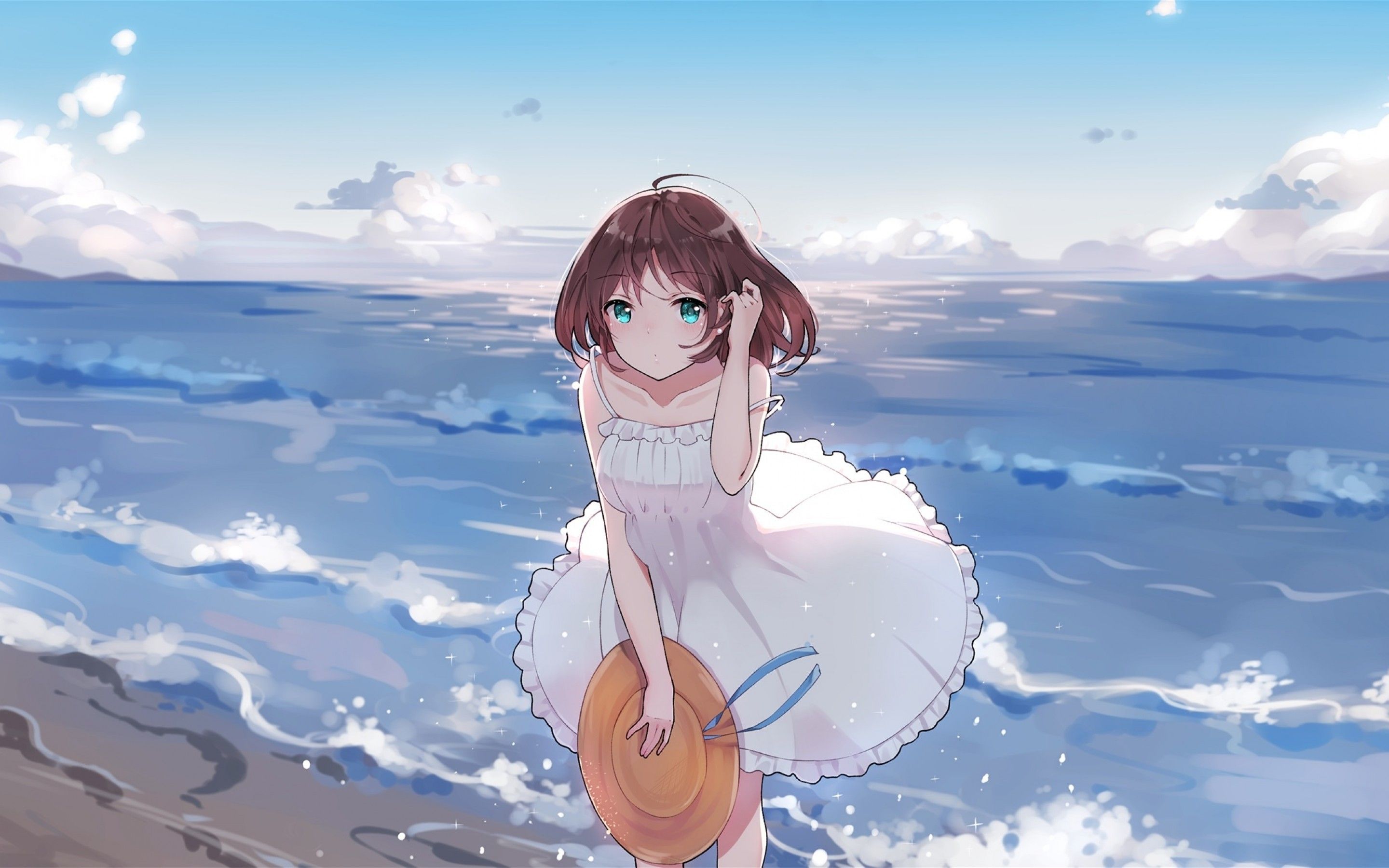 Download 2880x1800 Summer Dress, Anime Girl, Ocean, Waves, Beach