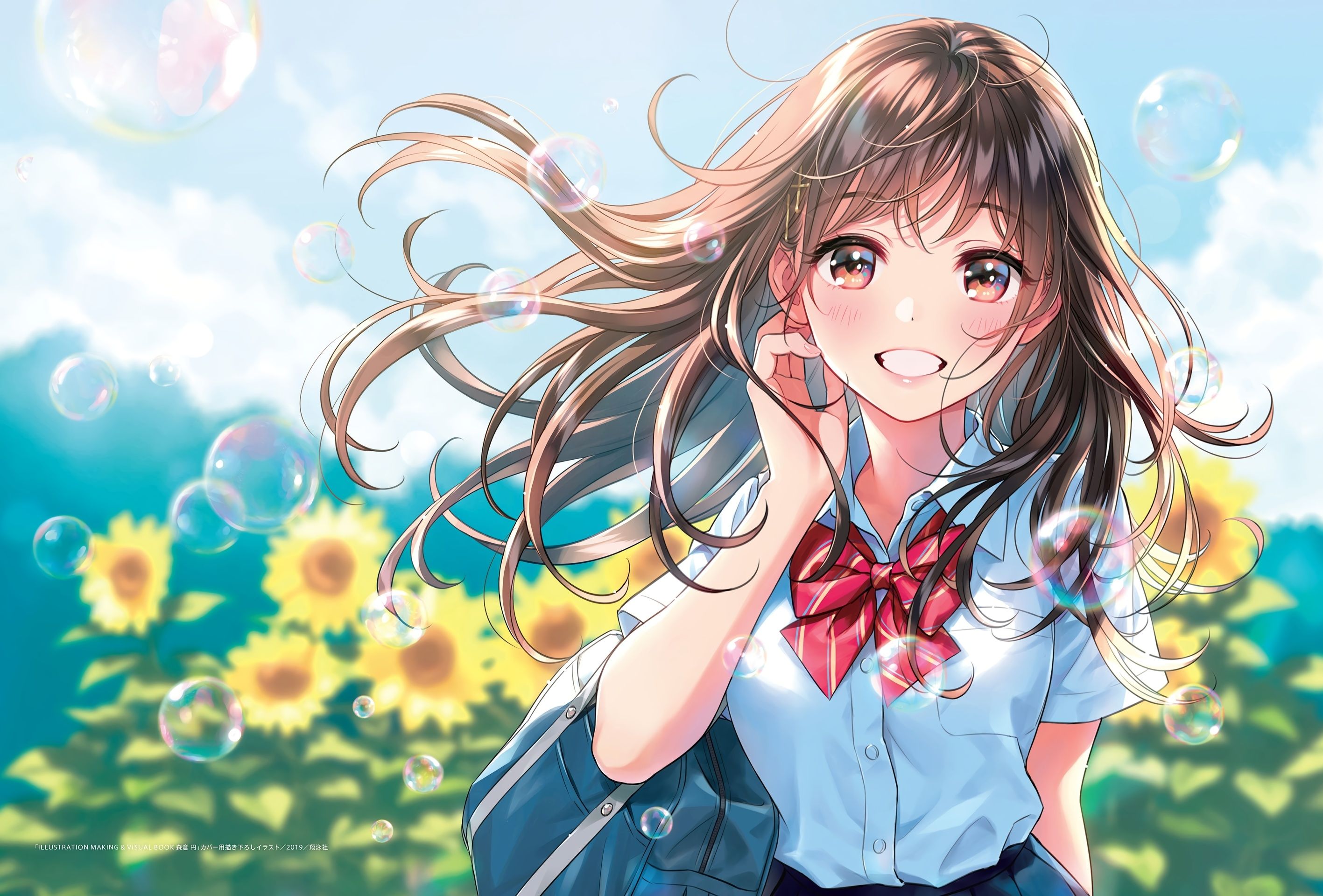 Download 2834x1920 Anime School Girl, Summer, Sunflowers, Big