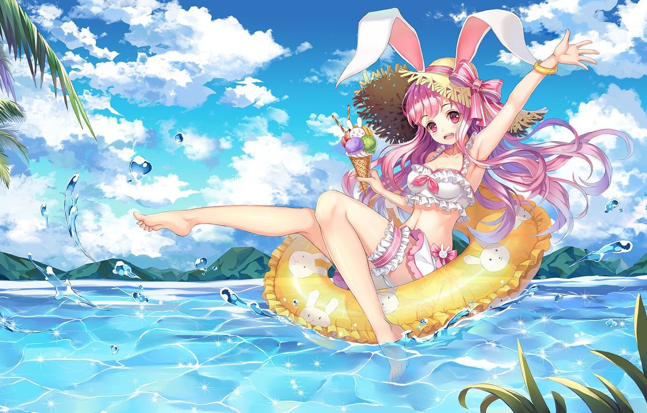 Wallpaper sea, summer, girl, anime, ryuu32 image for desktop, section арт