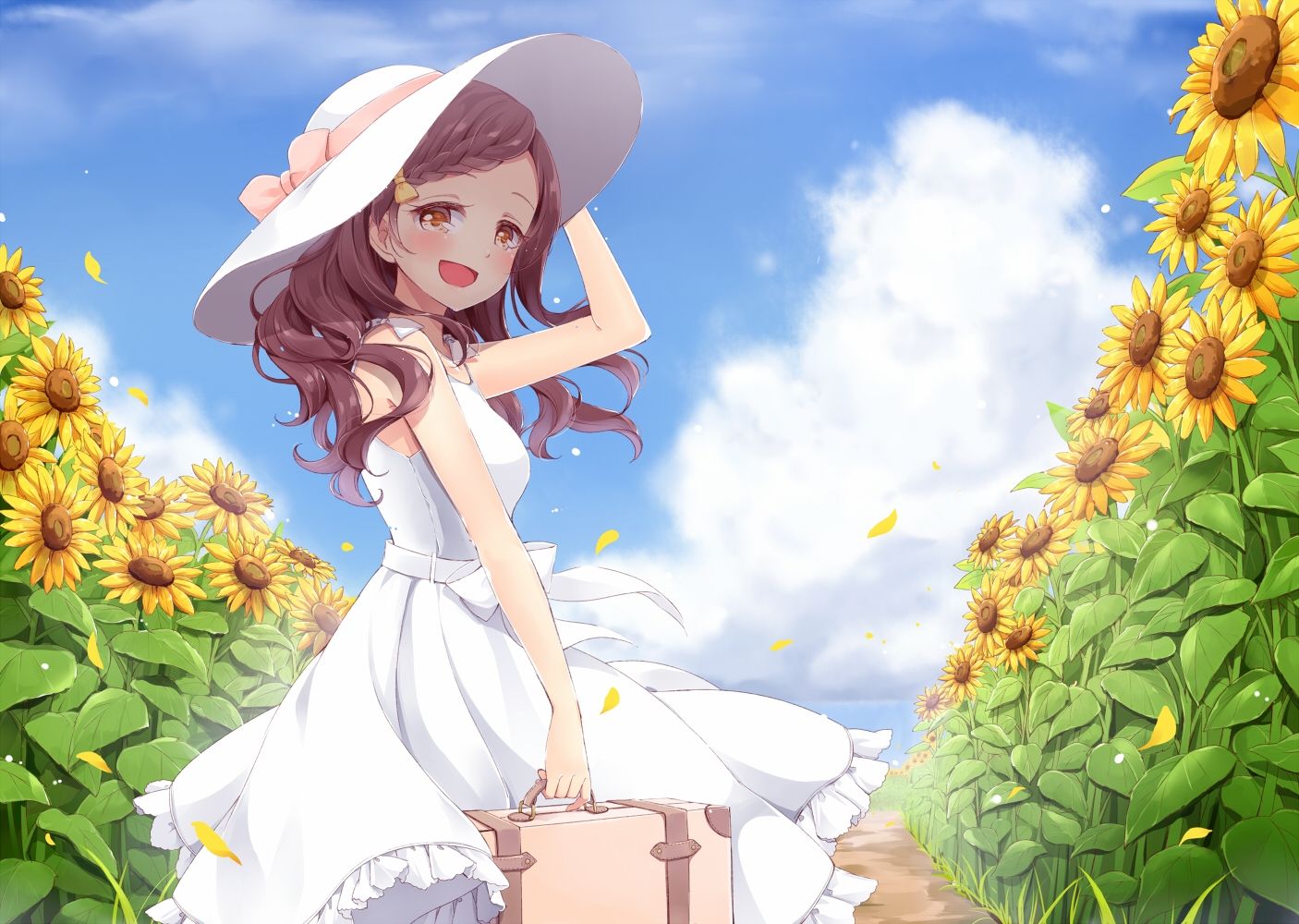 Download 1406x1000 Anime Girl, Summer, Sunflowers, Field, Big