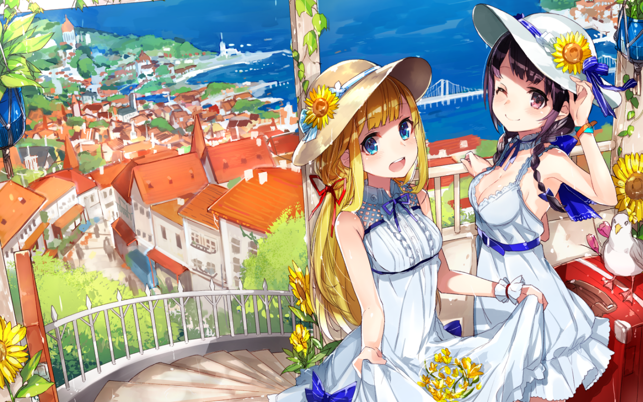 Download 1280x800 Anime Girls, Summer, City Landscape, Ocean