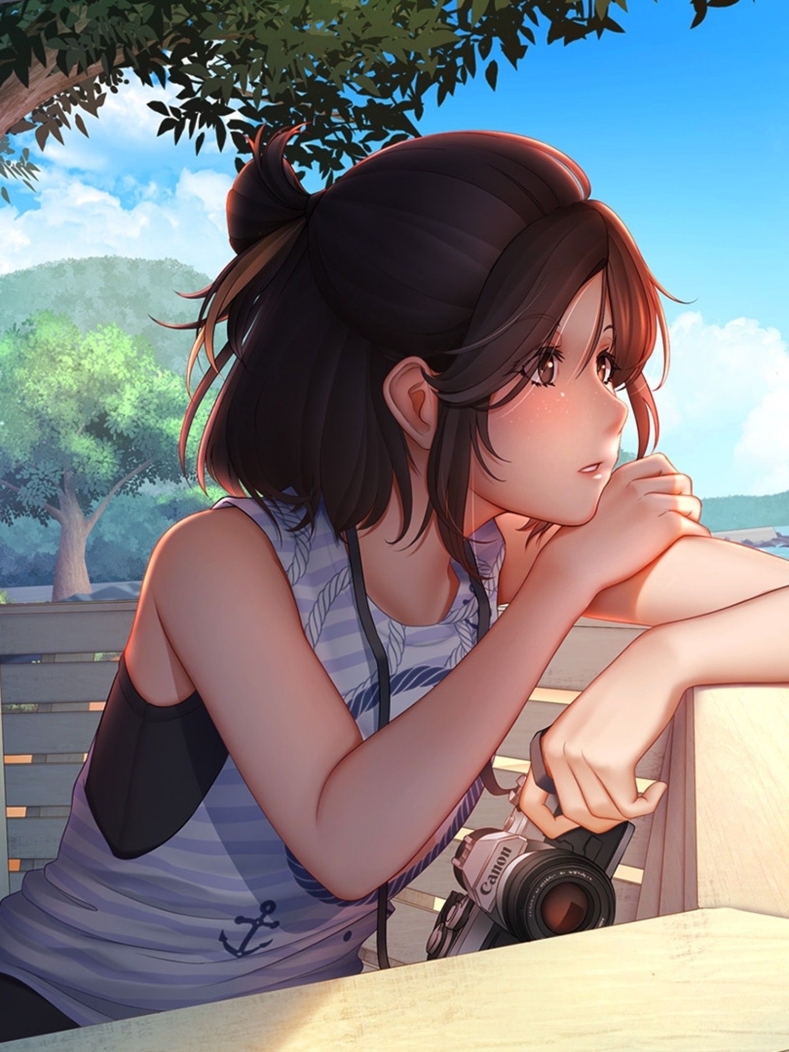 Download 1536x2048 Anime Girl, Summer, Cannon, Looking Away, Semi Realistic, Beach, Sky, Profile View Wallpaper for Apple iPad Mini, Apple IPad 4