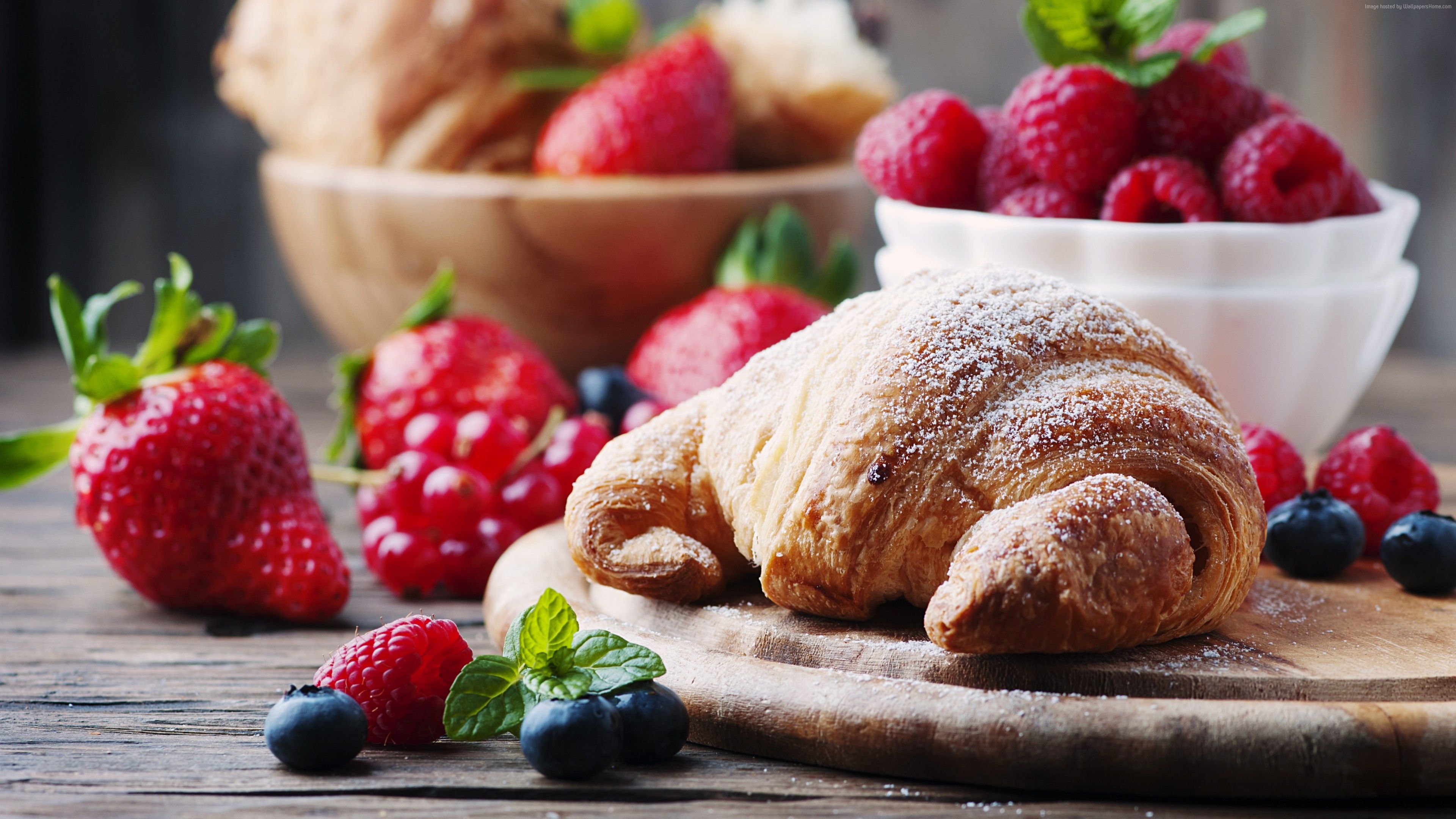 Wallpaper French croissants, fruit, berries, strawberry, raspberry