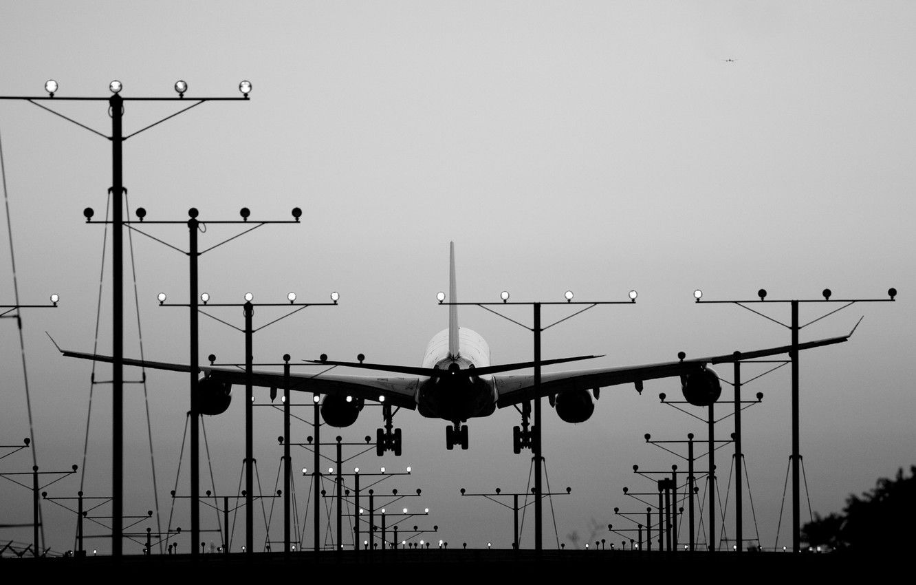 Wallpaper Lights, Aircraft, Plane, Landing, Black And White, Aviation, B W, A Airbus A340 Image For Desktop, Section авиация