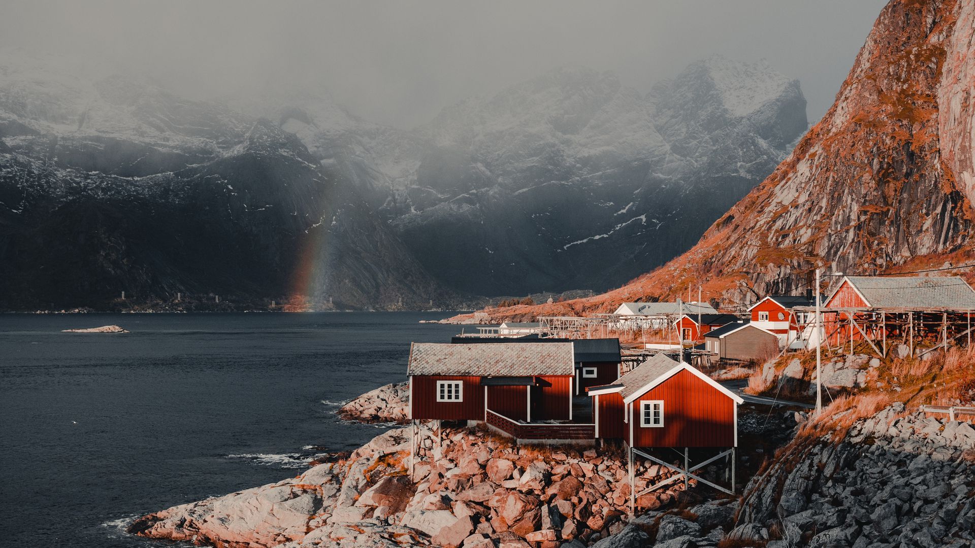 Download wallpaper 1920x1080 houses, mountains, fog, rainbow