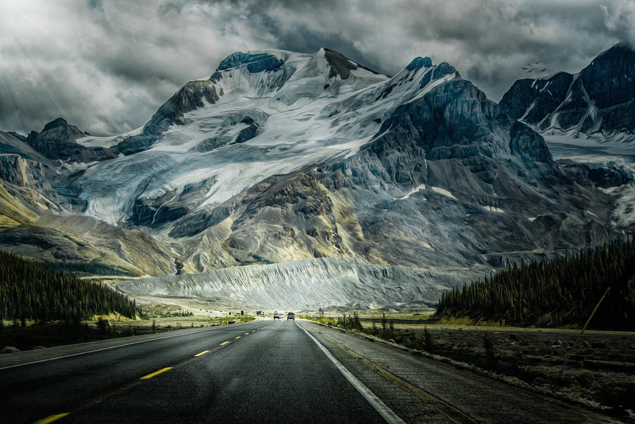 Photo drawing processing Mountains road machinery snow forest