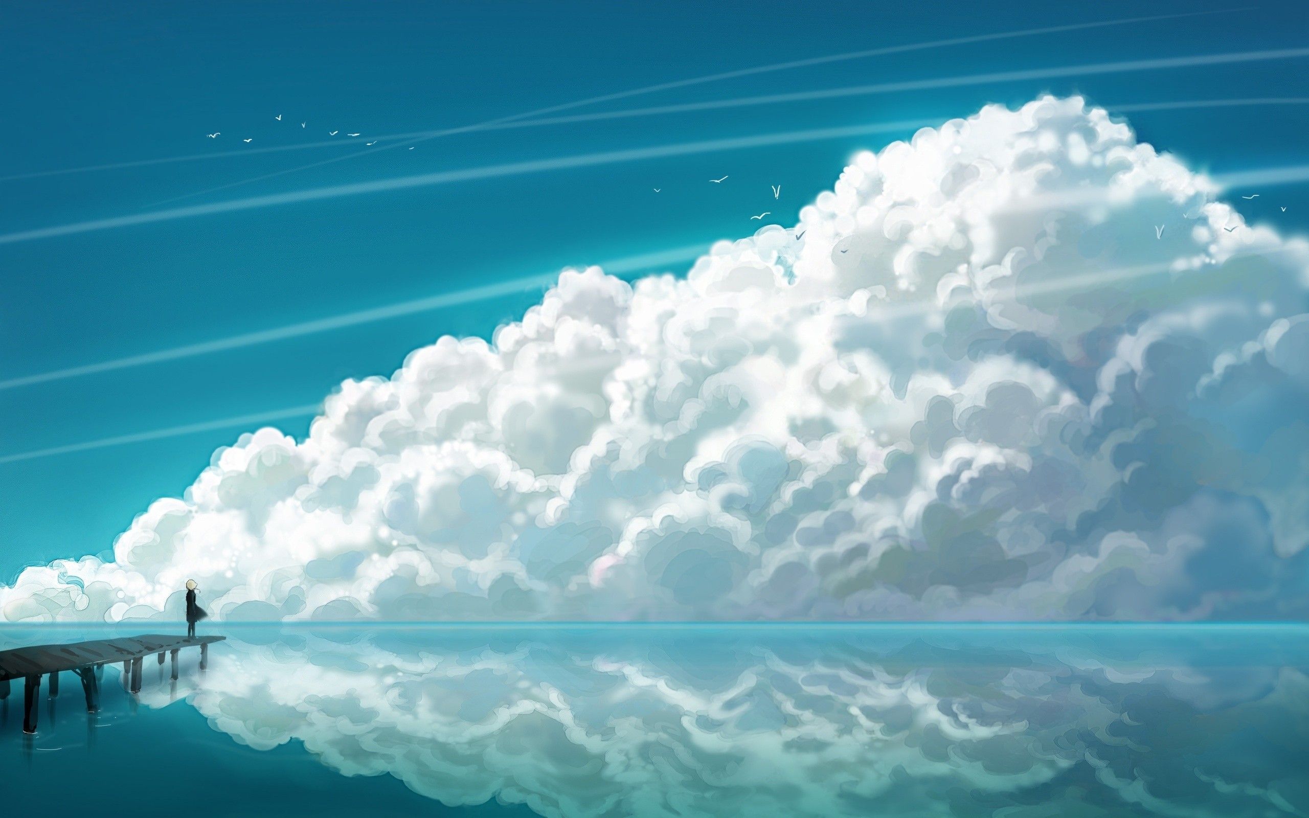 women ocean clouds dress pier contrails reflections skies birds