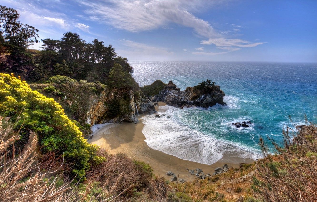 Wallpaper rock, the ocean, waterfall, Bay, California, Big Sur