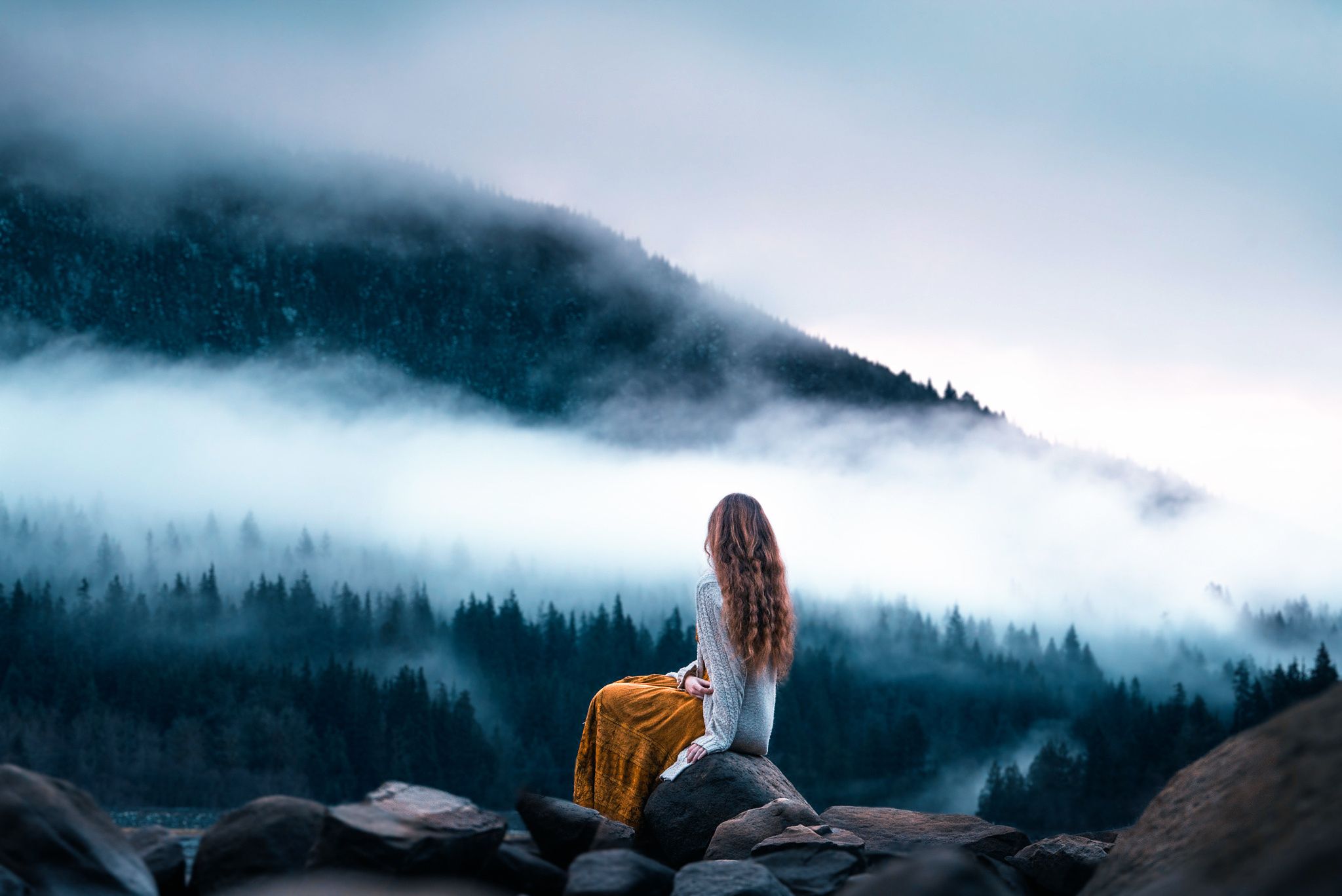 Wallpaper Meditation, morning, fog, mountains, girl, hairs desktop