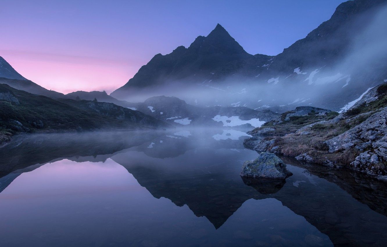 Wallpaper the sky, water, snow, landscape, mountains, fog, lake