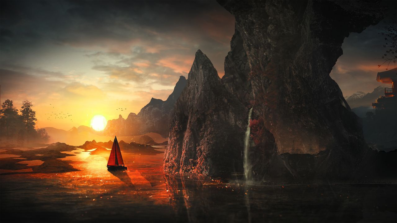 Wallpaper Sunset, Boat, Rocks, Waterfall, Harmony, HD, Creative
