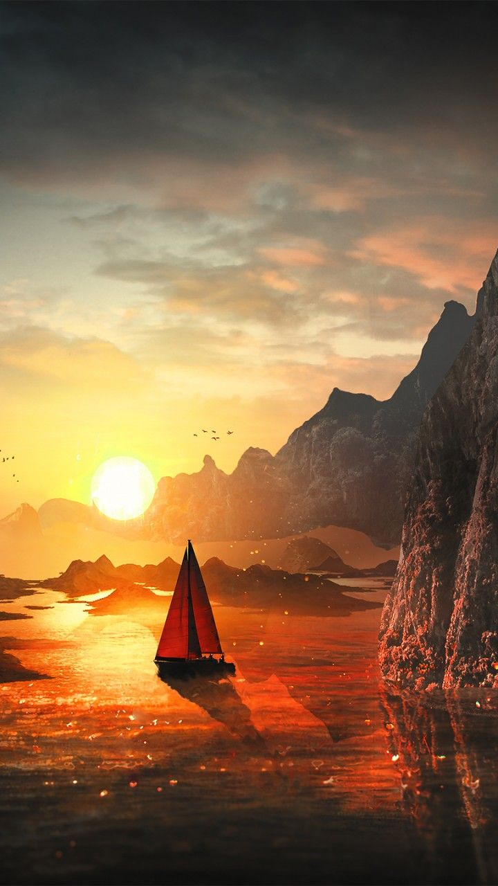 Wallpaper Sunset, Boat, Rocks, Waterfall, Harmony, HD, Creative