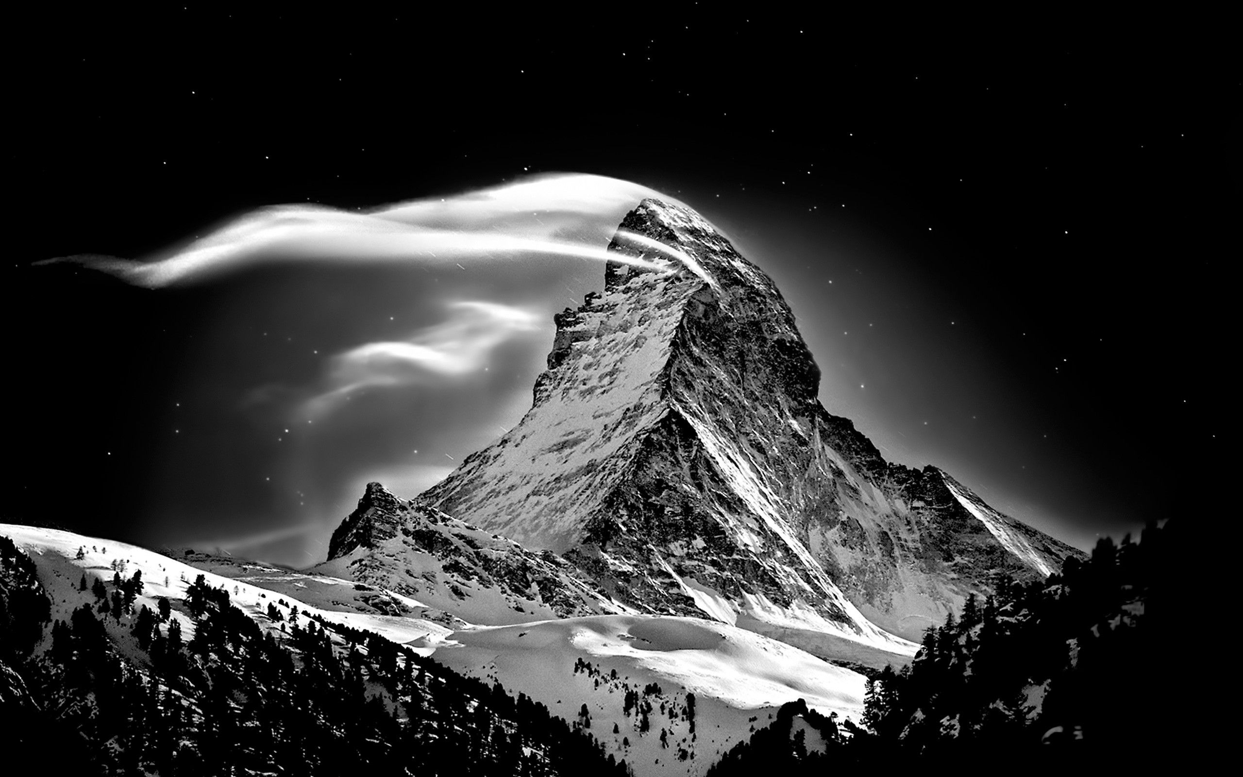 mountains, snow, night, Switzerland, monochrome, Alps, Matterhorn