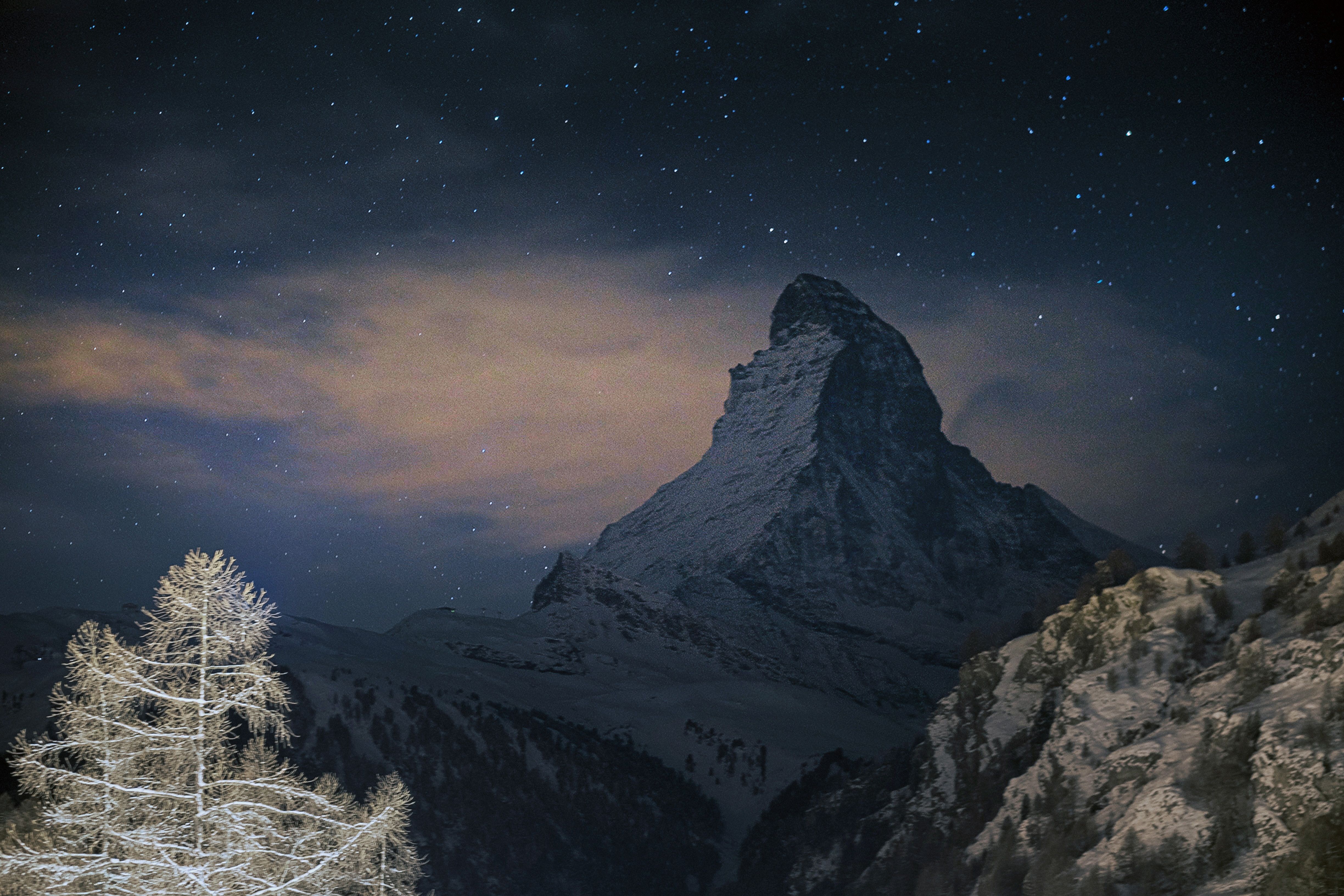 4896x3264 #snow, #matterhorn, #cliff, #tree, #night