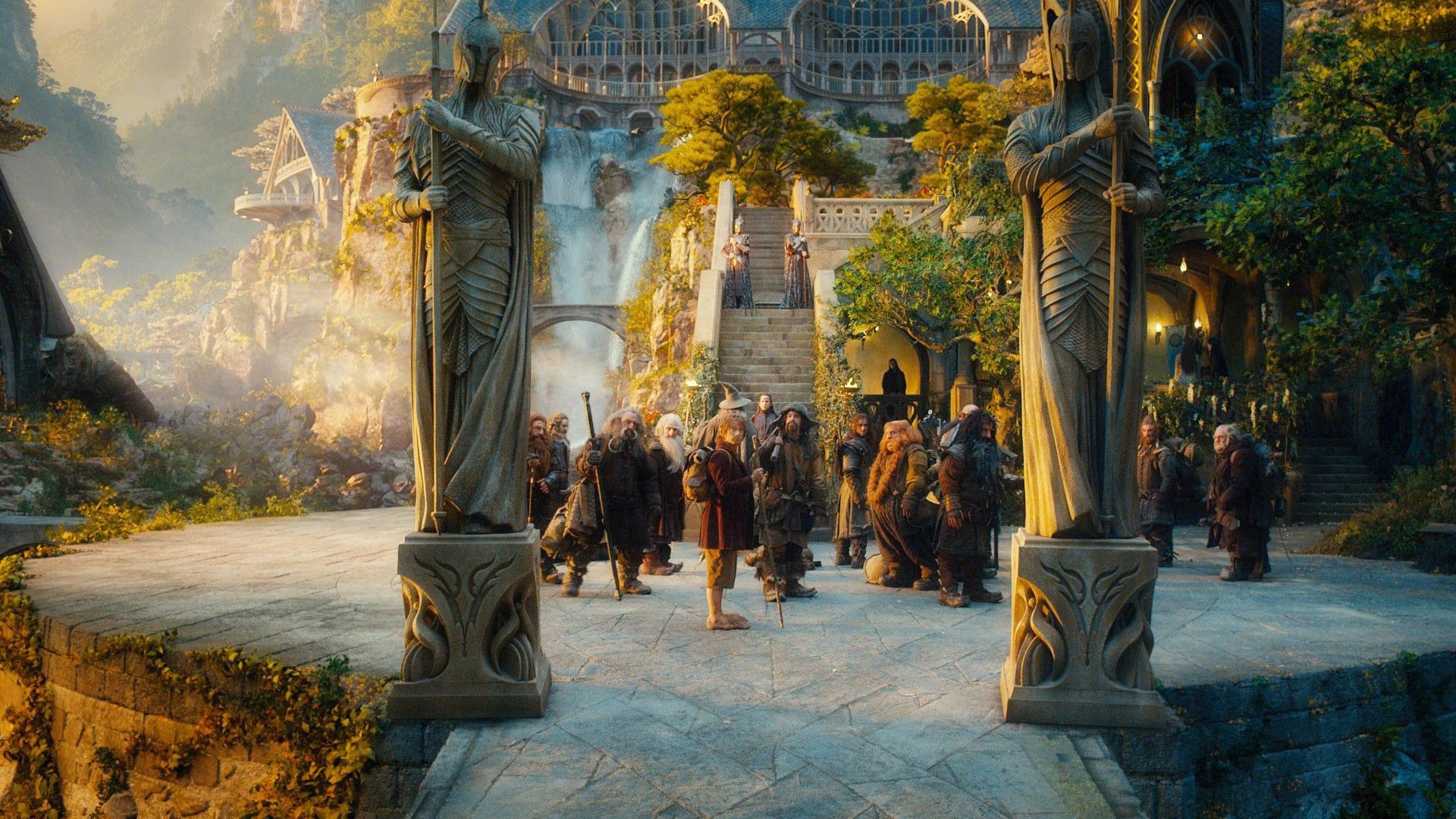 mountains, trees, Gandalf, valley, elves, dwarfs, wizards