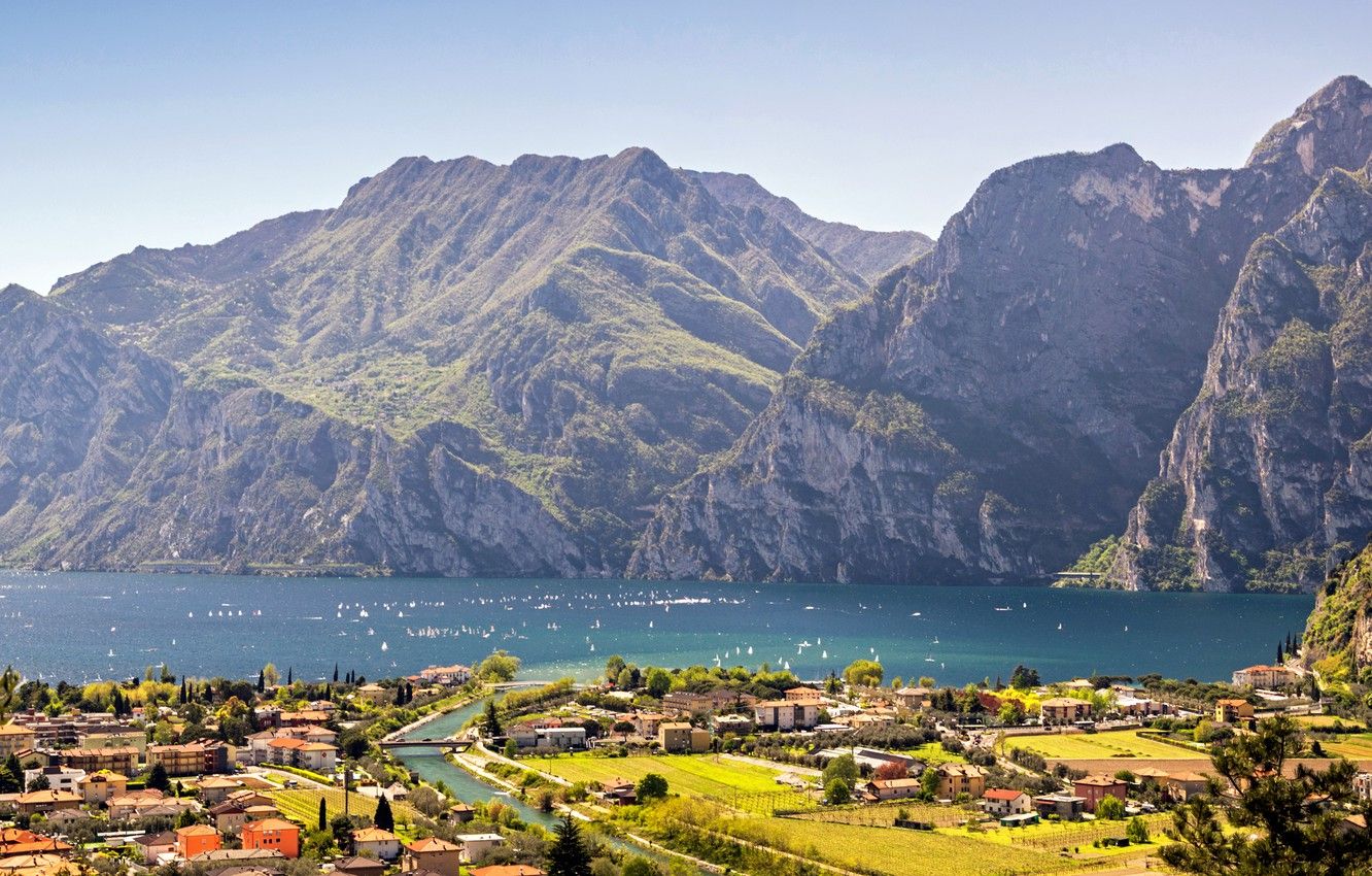 Wallpaper mountains, lake, home, Italy, town, Lake Garda, Torbole